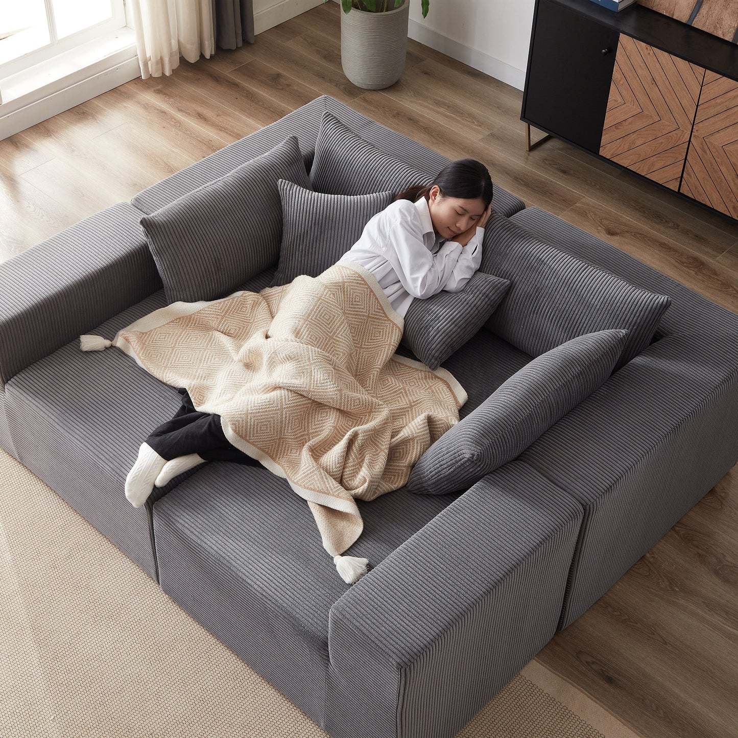 Canapé modulaire en L de 104 pouces en velours côtelé, ensemble de canapés de sol, canapé compressé rempli de mousse, combinaison gratuite de 4 pièces