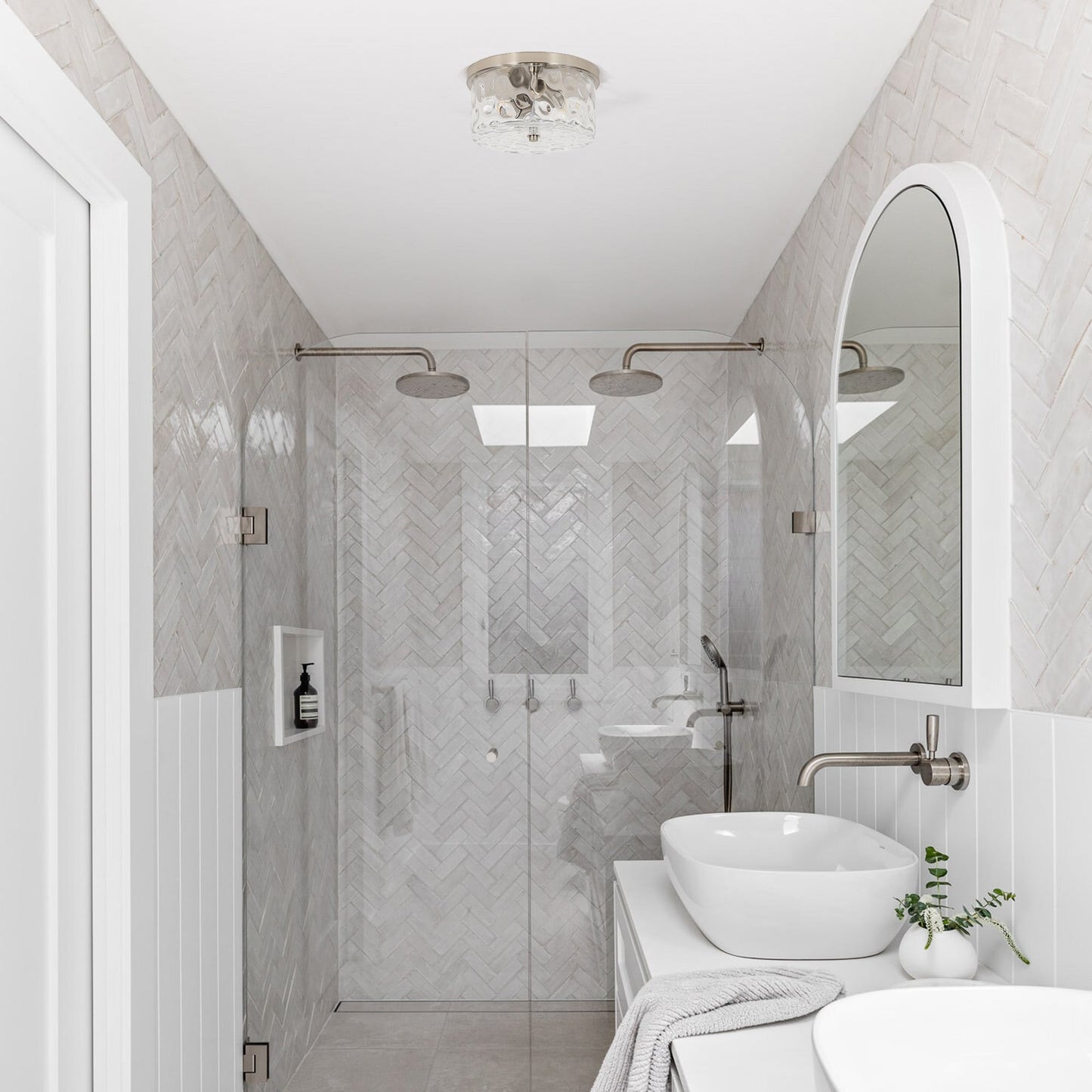 Plafonnier encastré à 2 lumières avec verre martelé transparent