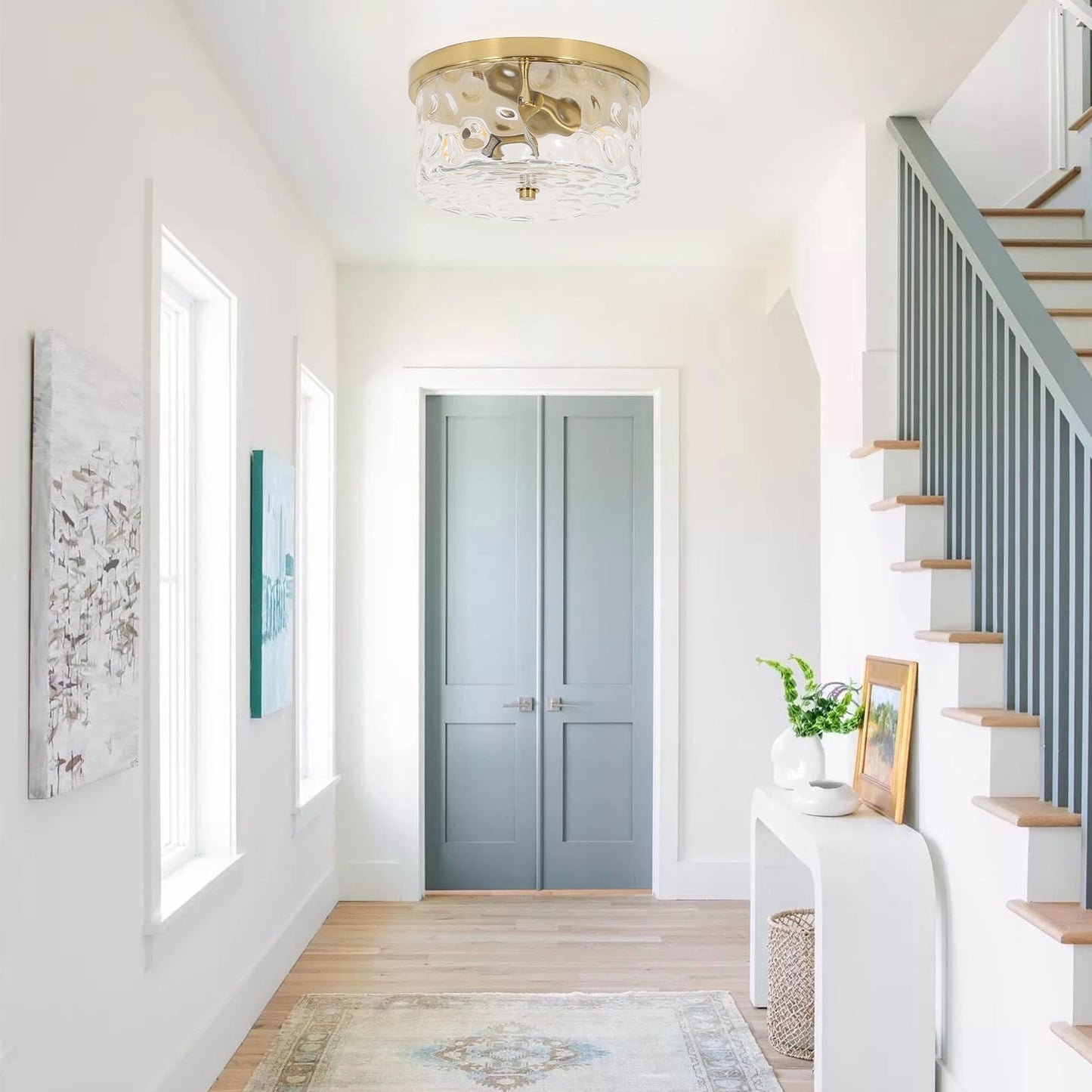 Plafonnier encastré à 2 lumières avec verre martelé transparent