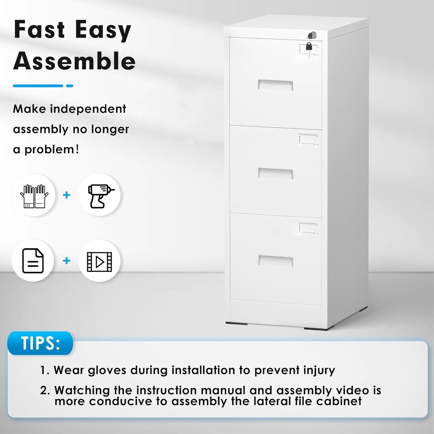 Classeur métallique verrouillable à 3 tiroirs pour bureau à domicile, armoire roulante entièrement assemblée