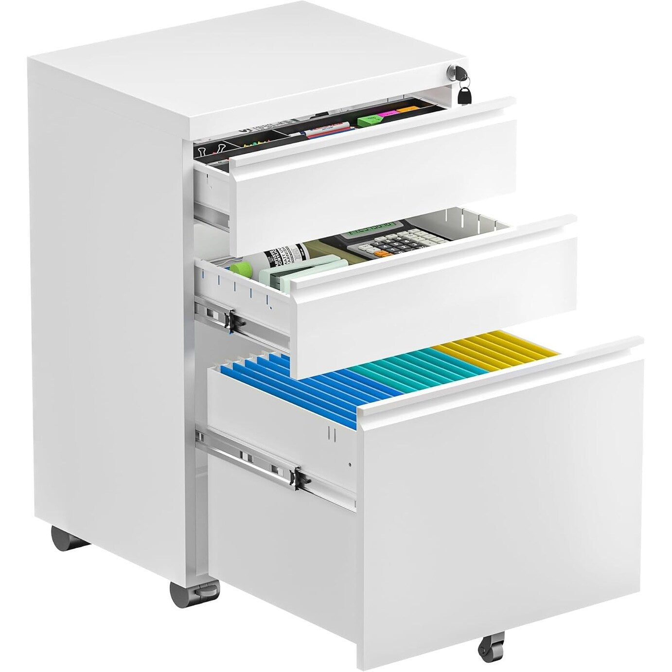 Classeur métallique verrouillable à 3 tiroirs pour bureau à domicile, armoire roulante entièrement assemblée