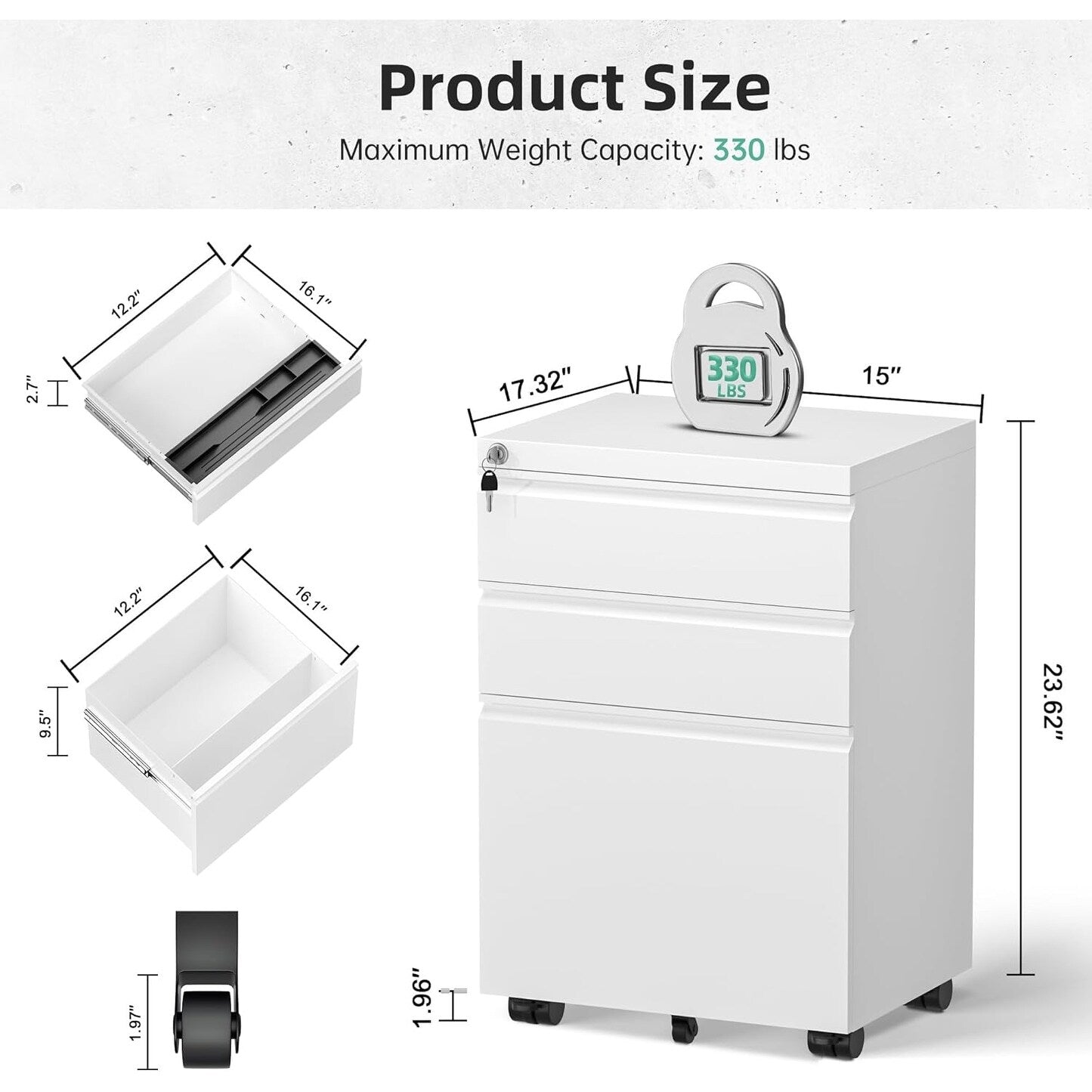Classeur métallique verrouillable à 3 tiroirs pour bureau à domicile, armoire roulante entièrement assemblée