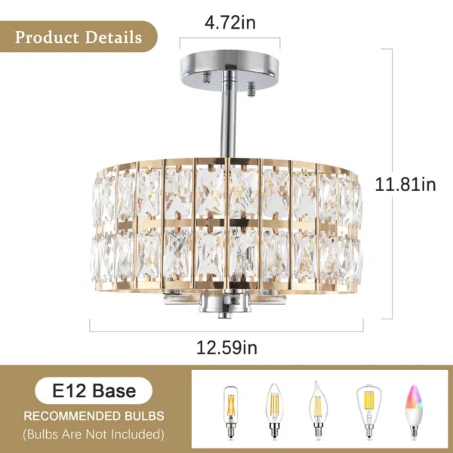 Plafonnier semi-encastré à 3 lumières en cristal pour salon et couloir