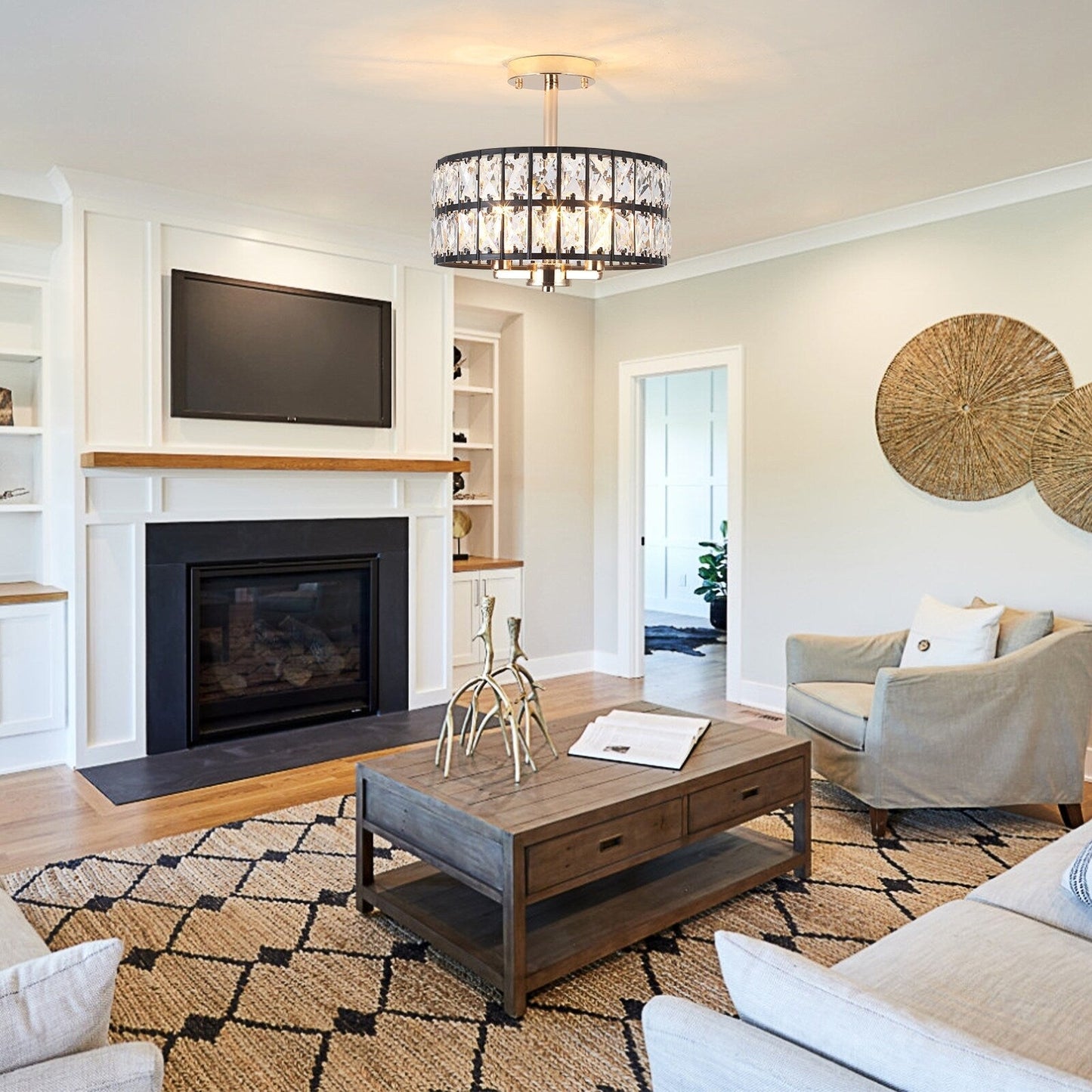 Plafonnier semi-encastré à 3 lumières en cristal pour salon et couloir