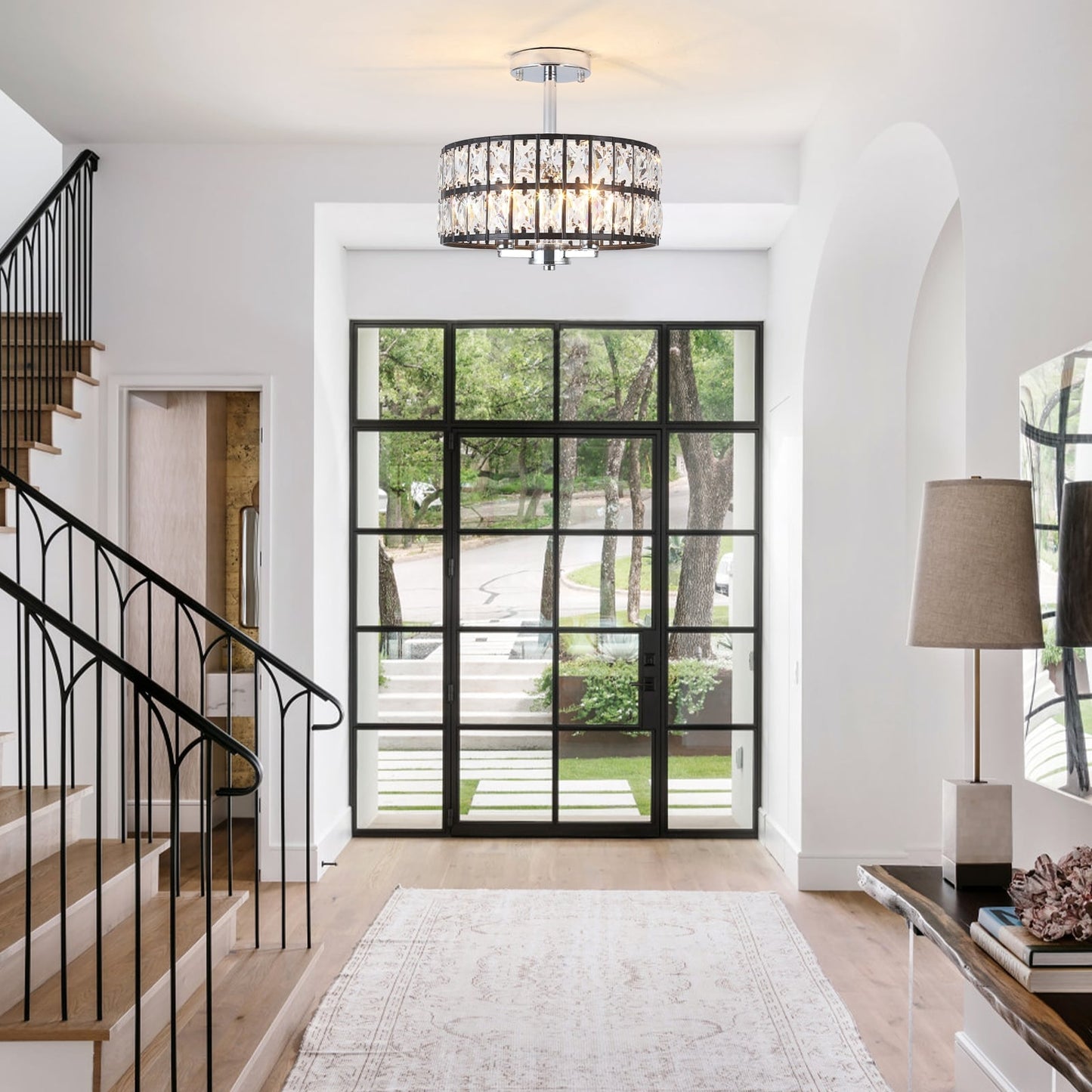 Plafonnier semi-encastré à 3 lumières en cristal pour salon et couloir