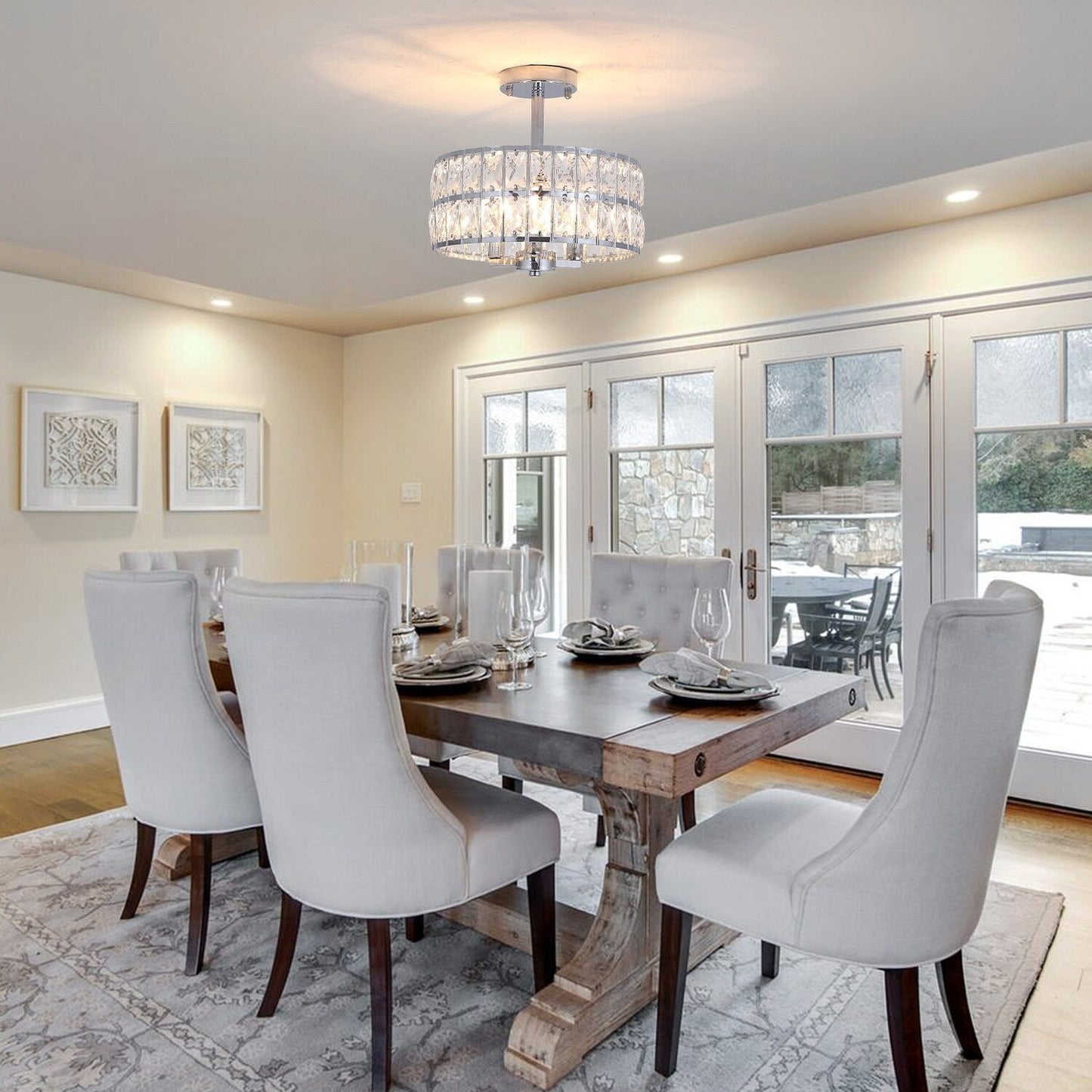 Plafonnier semi-encastré à 3 lumières en cristal pour salon et couloir