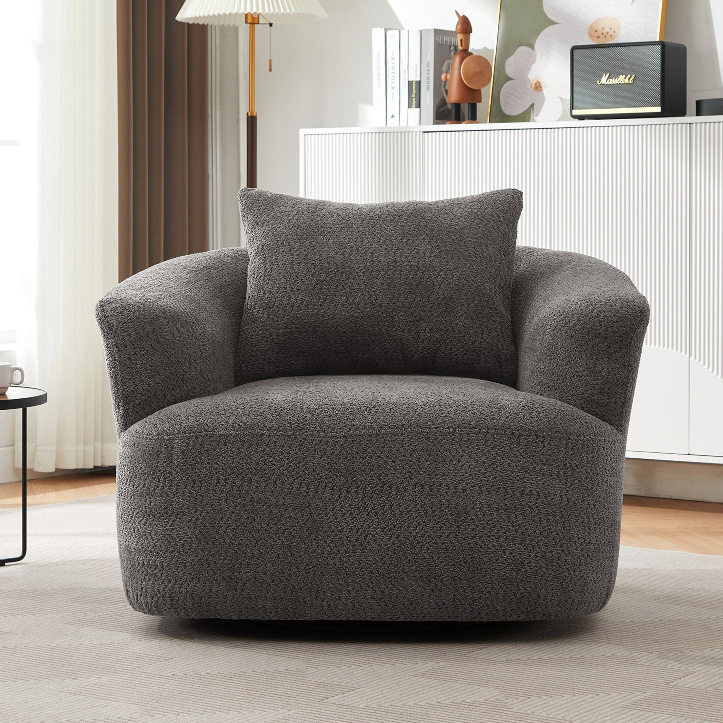 Fauteuil pivotant à 360°, fauteuil d'appoint Boucle 38,2 avec coussin décoratif, fauteuil tonneau rembourré avec accoudoirs incurvés