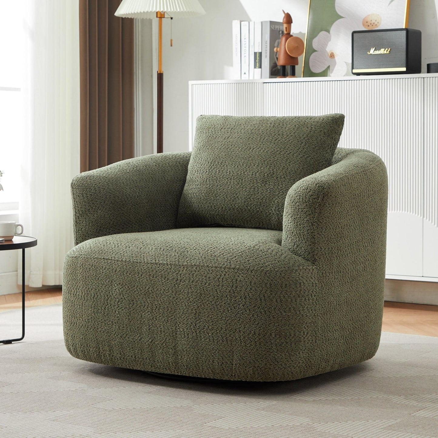 Fauteuil pivotant à 360°, fauteuil d'appoint Boucle 38,2 avec coussin décoratif, fauteuil tonneau rembourré avec accoudoirs incurvés