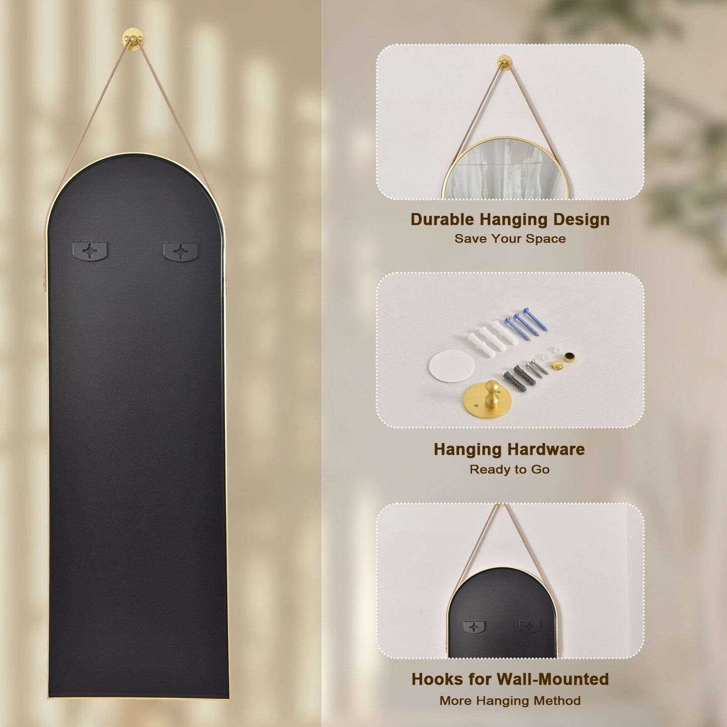 Miroir mural suspendu pleine longueur 48 x 16 avec sangle en cuir