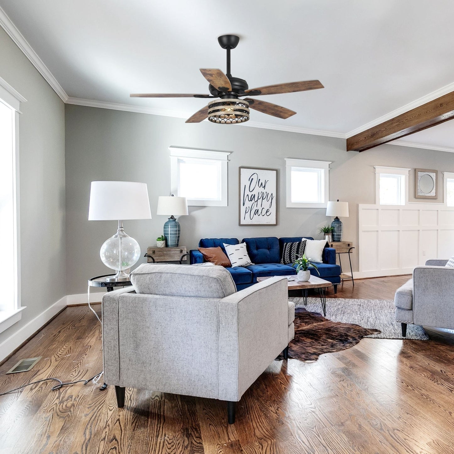 Ventilateur de plafond cage noir à 5 pales Farmhouse Driftwood avec télécommande