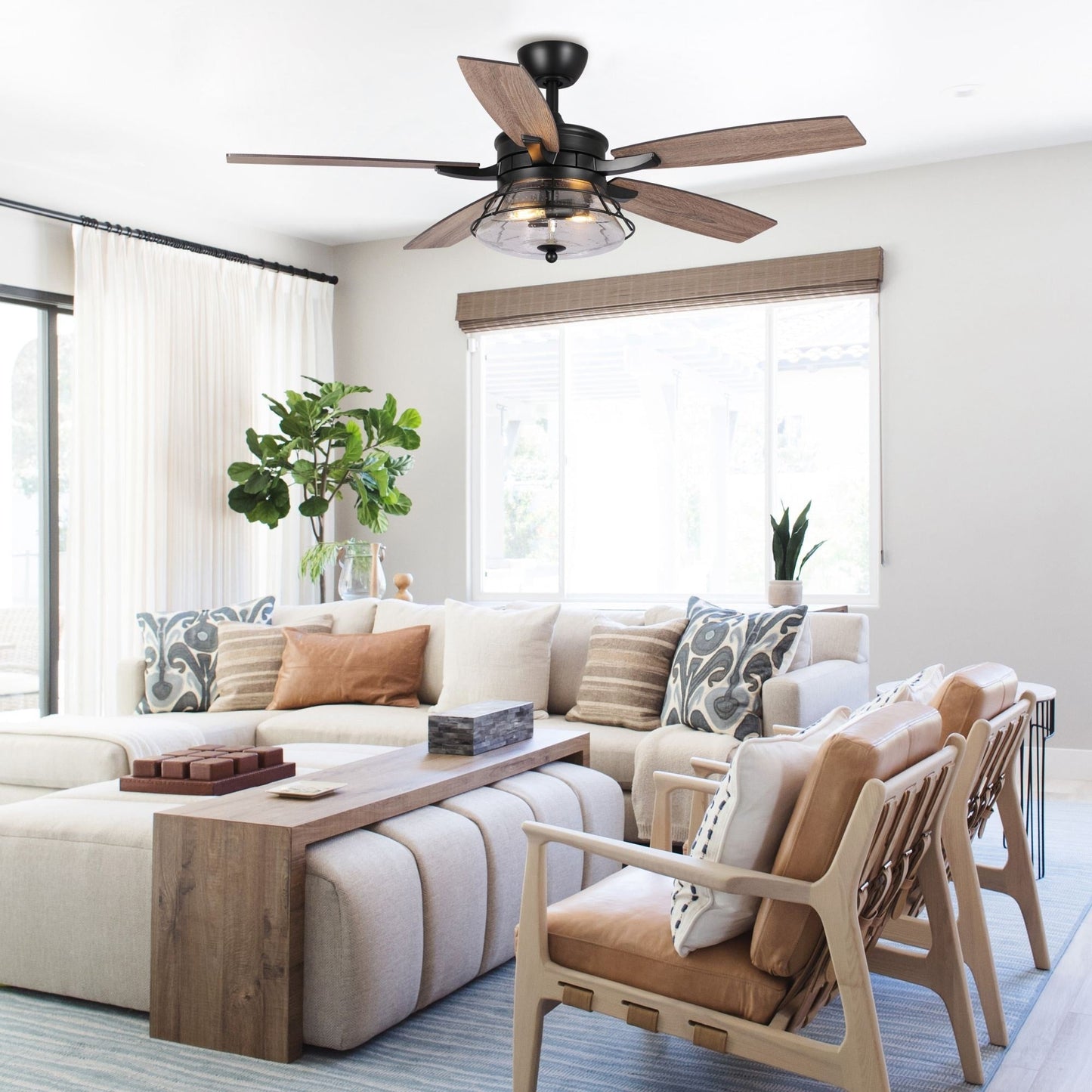 Ventilateur de plafond décoratif industriel en verre grainé noir de 52 pouces avec télécommande et kit d'éclairage