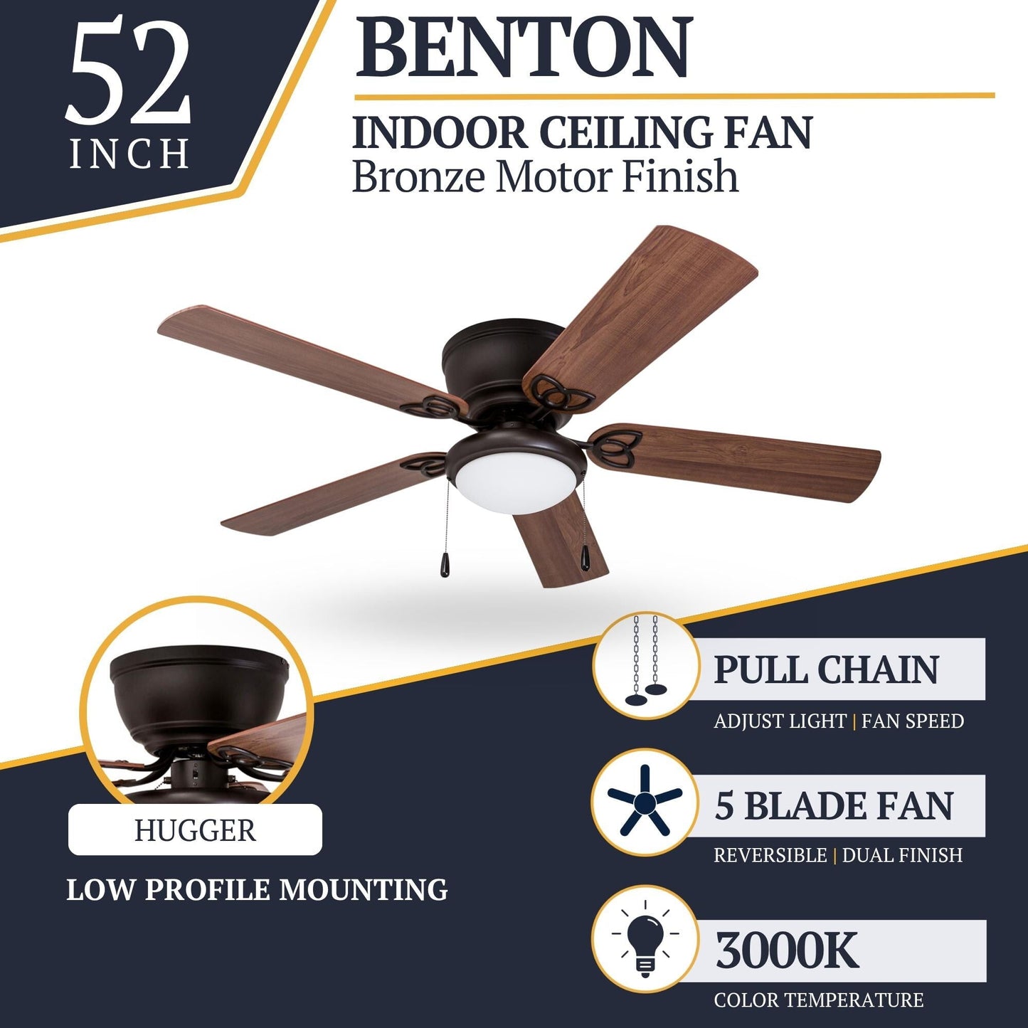 Ventilateur de plafond LED d'intérieur traditionnel Prominence Home Benton avec lumière et chaînes de traction