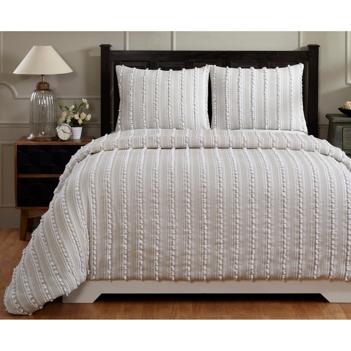Parure de couette Angelique Better Trends 100 % coton touffeté doux en peluche chenille élégante à rayures lavable en machine et sèche-linge