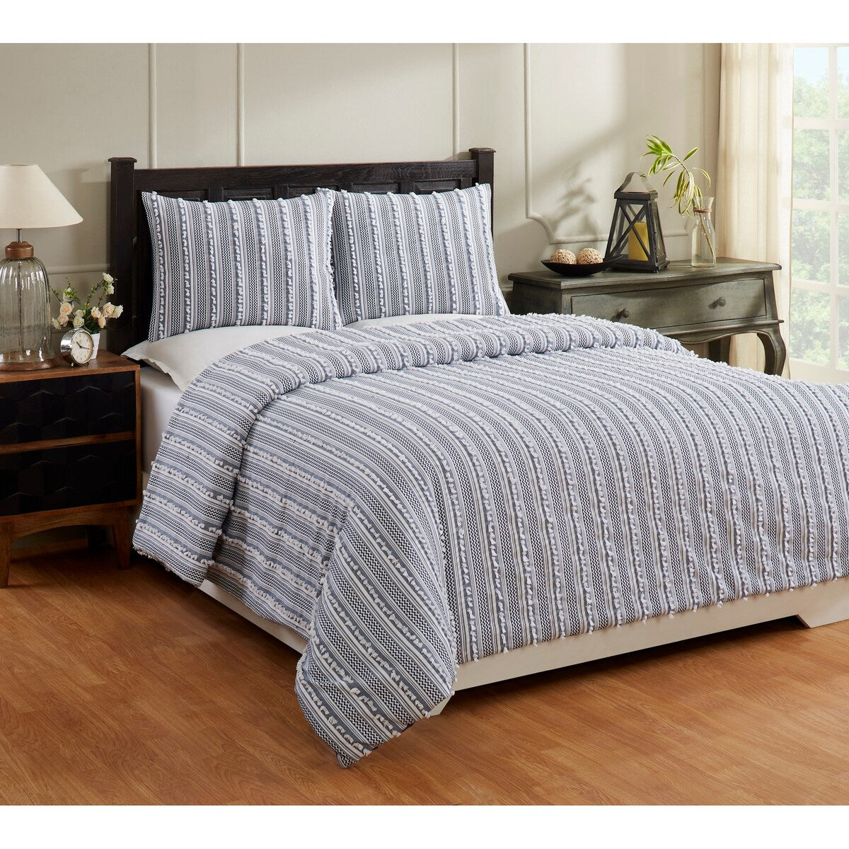 Parure de couette Angelique Better Trends 100 % coton touffeté doux en peluche chenille élégante à rayures lavable en machine et sèche-linge