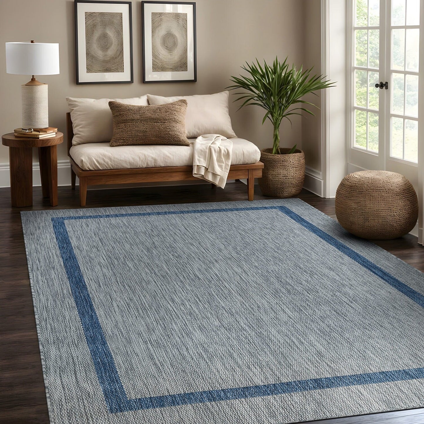 Tapis d'intérieur/extérieur moderne à bordures Beverly Rug, moquette d'extérieur pour patio, terrasse, porche