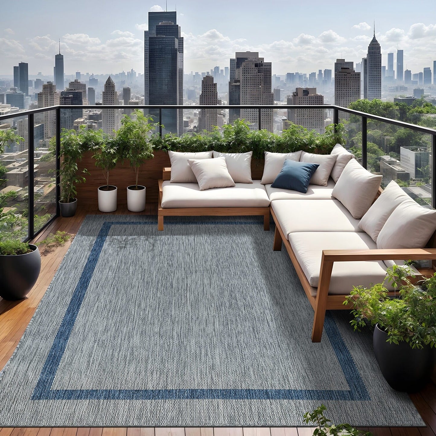 Tapis d'intérieur/extérieur moderne à bordures Beverly Rug, moquette d'extérieur pour patio, terrasse, porche