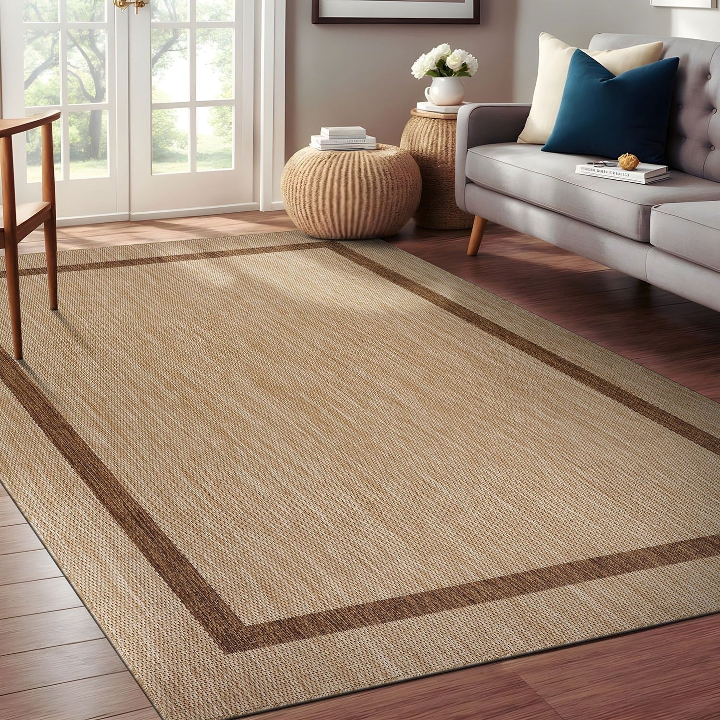 Tapis d'intérieur/extérieur moderne à bordures Beverly Rug, moquette d'extérieur pour patio, terrasse, porche