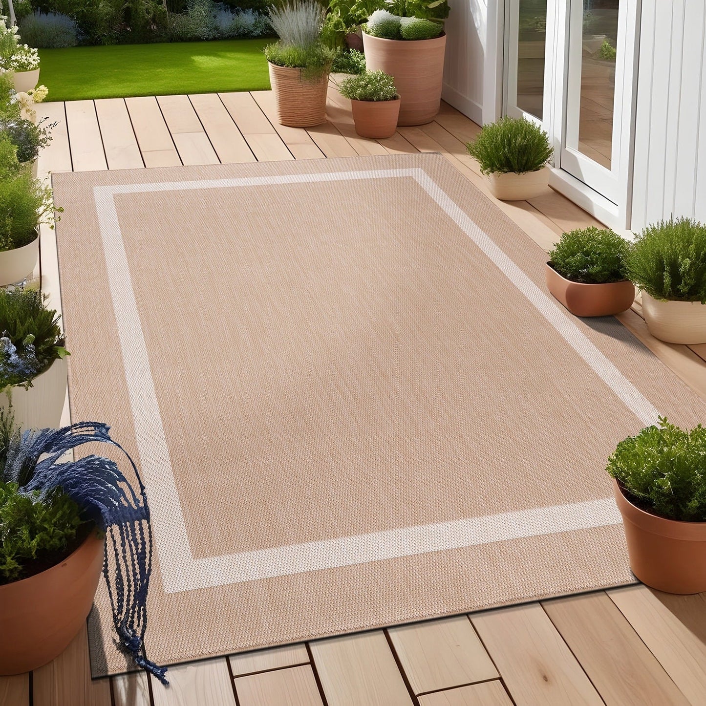 Tapis d'intérieur/extérieur moderne à bordures Beverly Rug, moquette d'extérieur pour patio, terrasse, porche