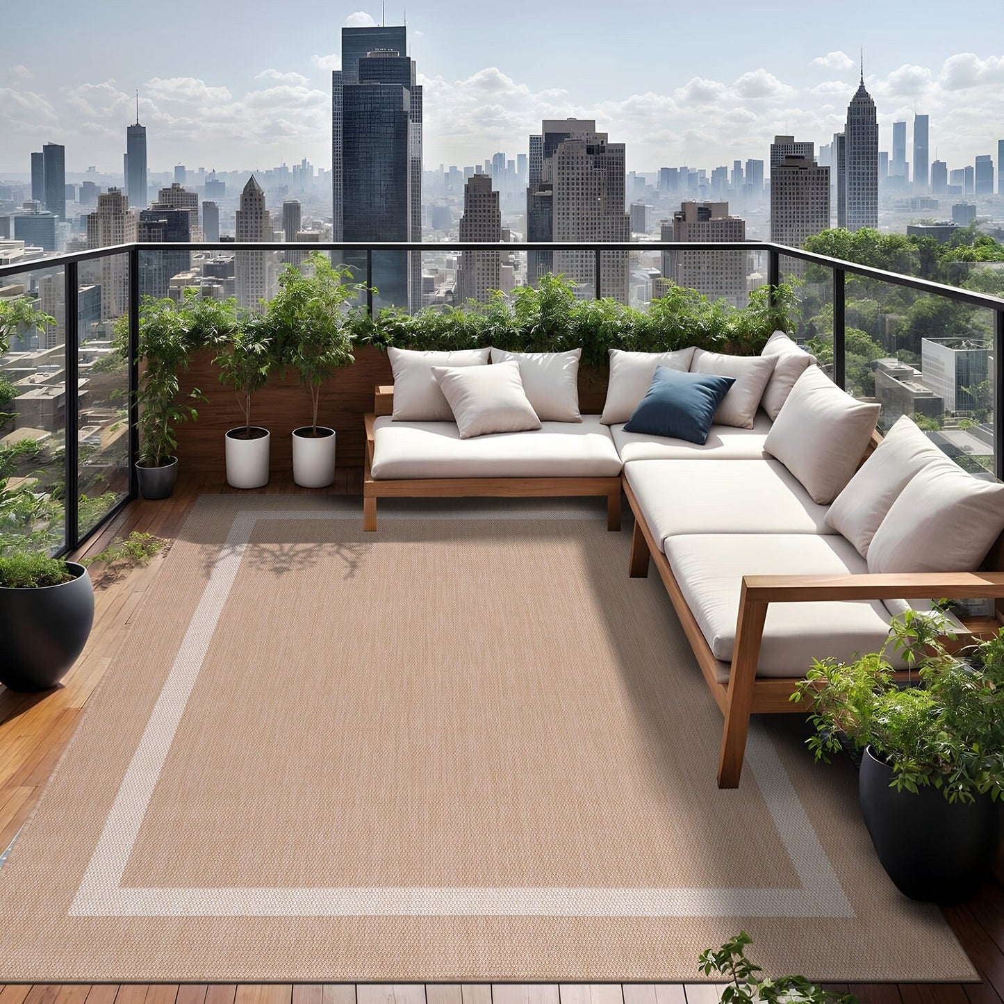 Tapis d'intérieur/extérieur moderne à bordures Beverly Rug, moquette d'extérieur pour patio, terrasse, porche