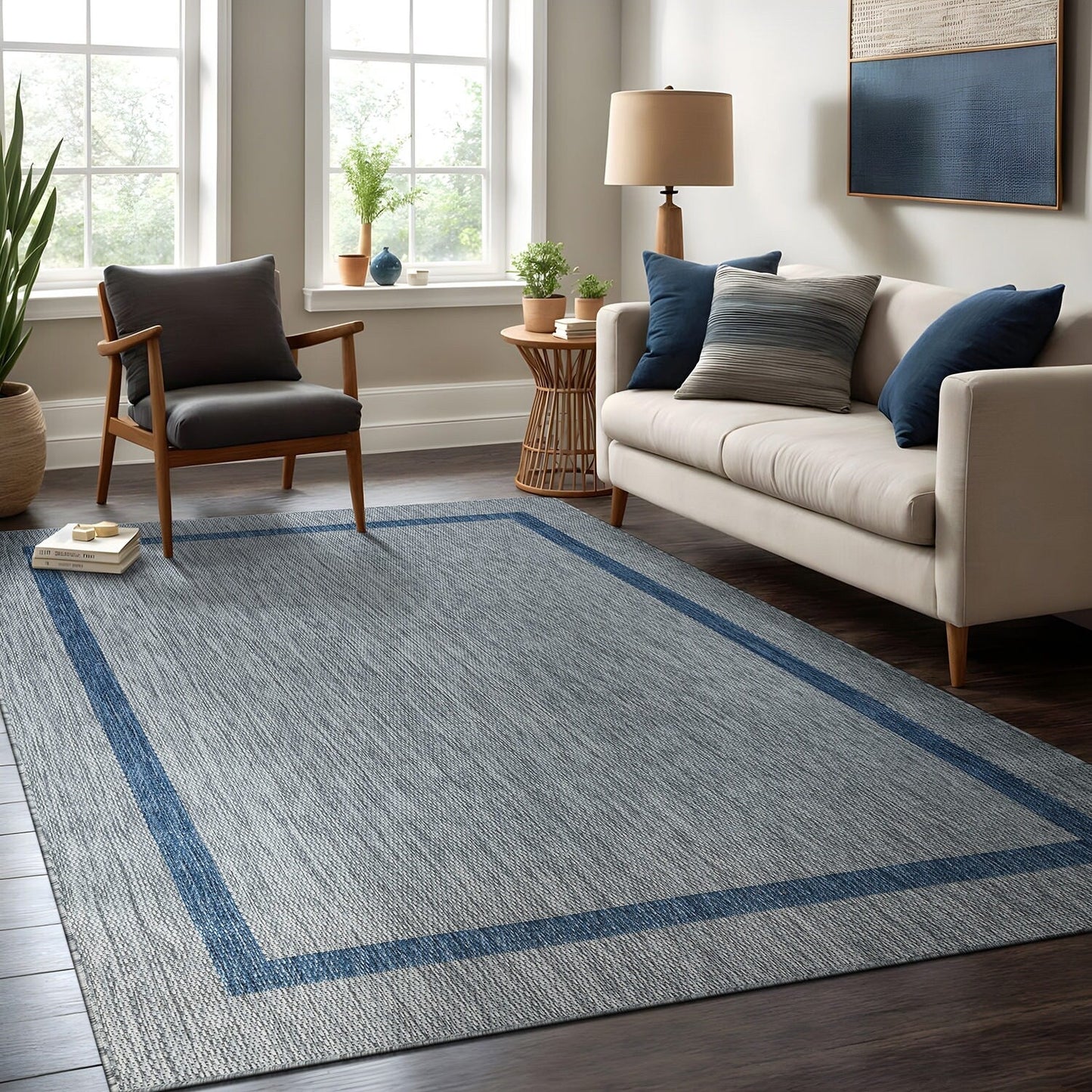 Tapis d'intérieur/extérieur moderne à bordures Beverly Rug, moquette d'extérieur pour patio, terrasse, porche