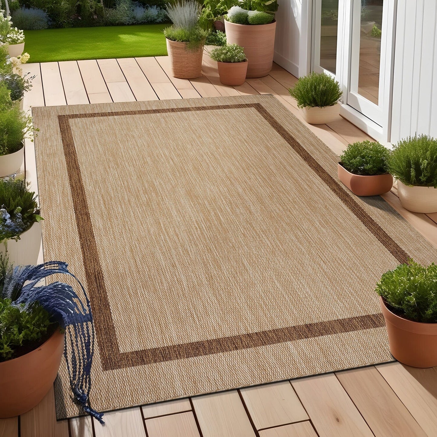 Tapis d'intérieur/extérieur moderne à bordures Beverly Rug, moquette d'extérieur pour patio, terrasse, porche