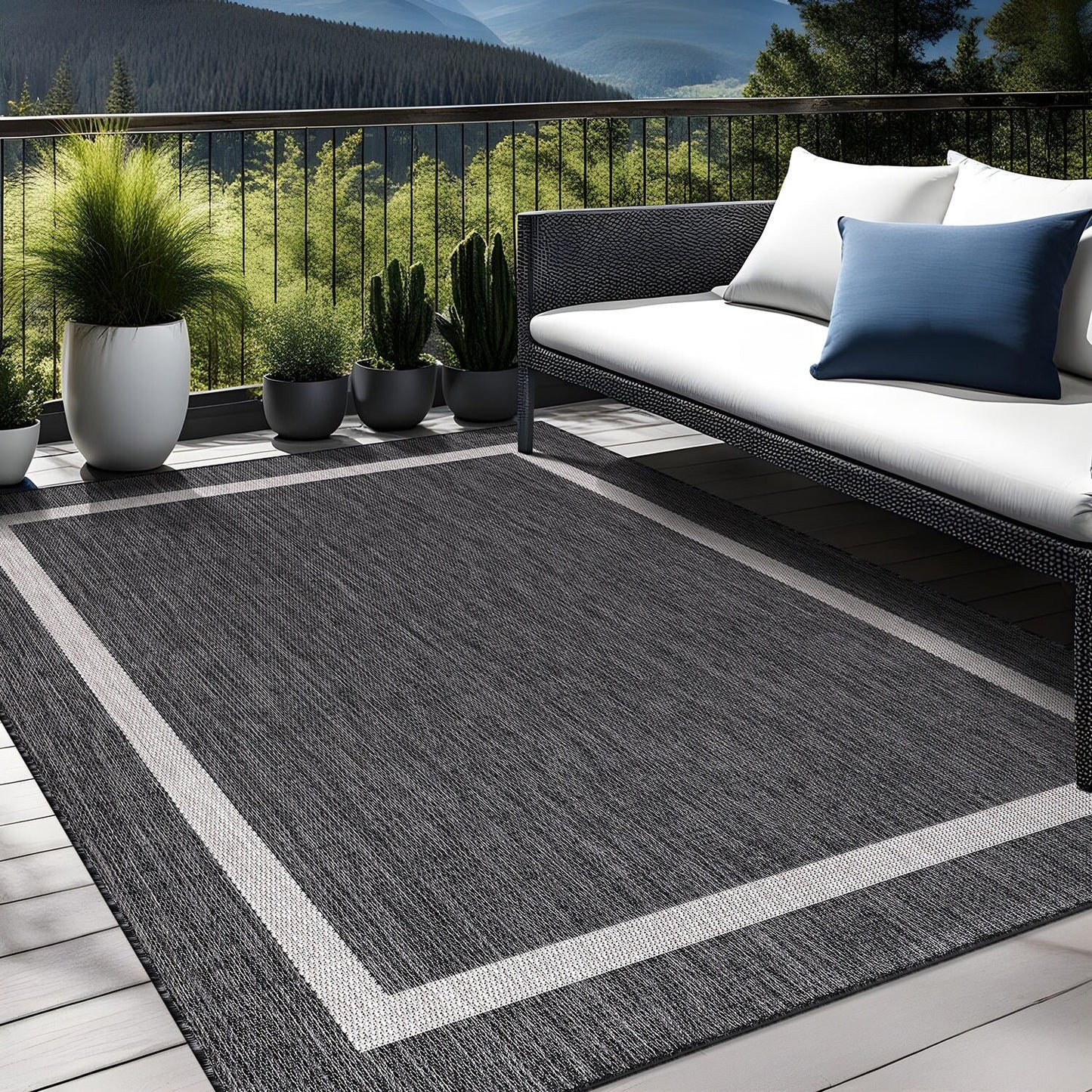 Tapis d'intérieur/extérieur moderne à bordures Beverly Rug, moquette d'extérieur pour patio, terrasse, porche