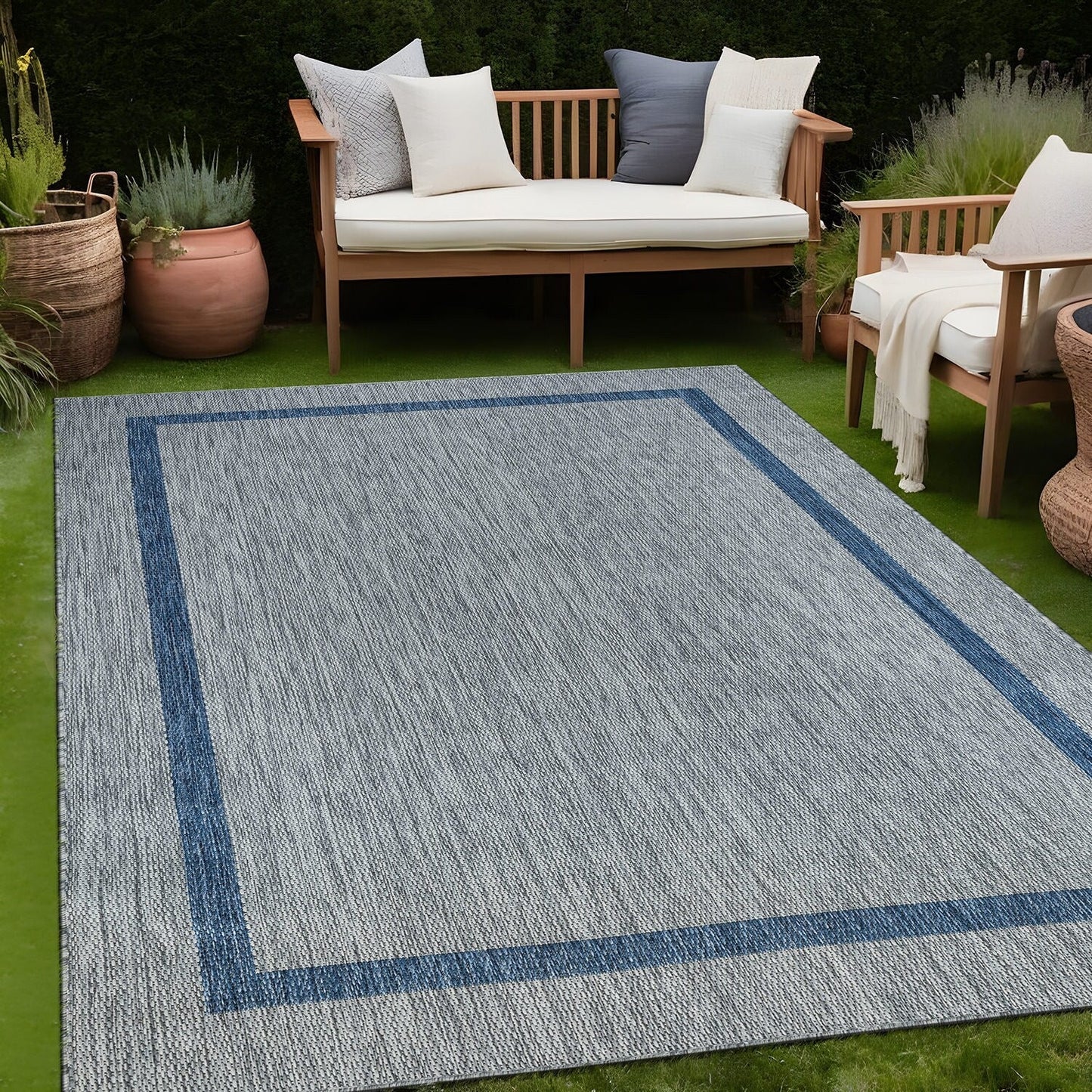 Tapis d'intérieur/extérieur moderne à bordures Beverly Rug, moquette d'extérieur pour patio, terrasse, porche