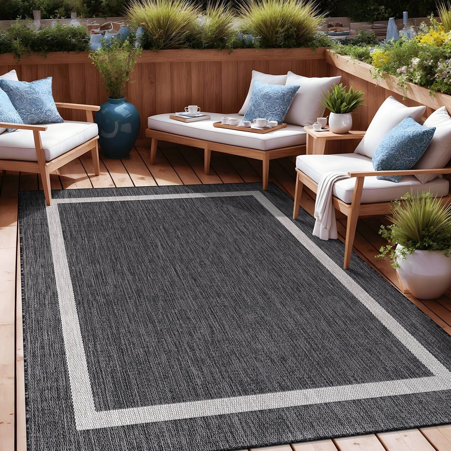 Tapis d'intérieur/extérieur moderne à bordures Beverly Rug, moquette d'extérieur pour patio, terrasse, porche