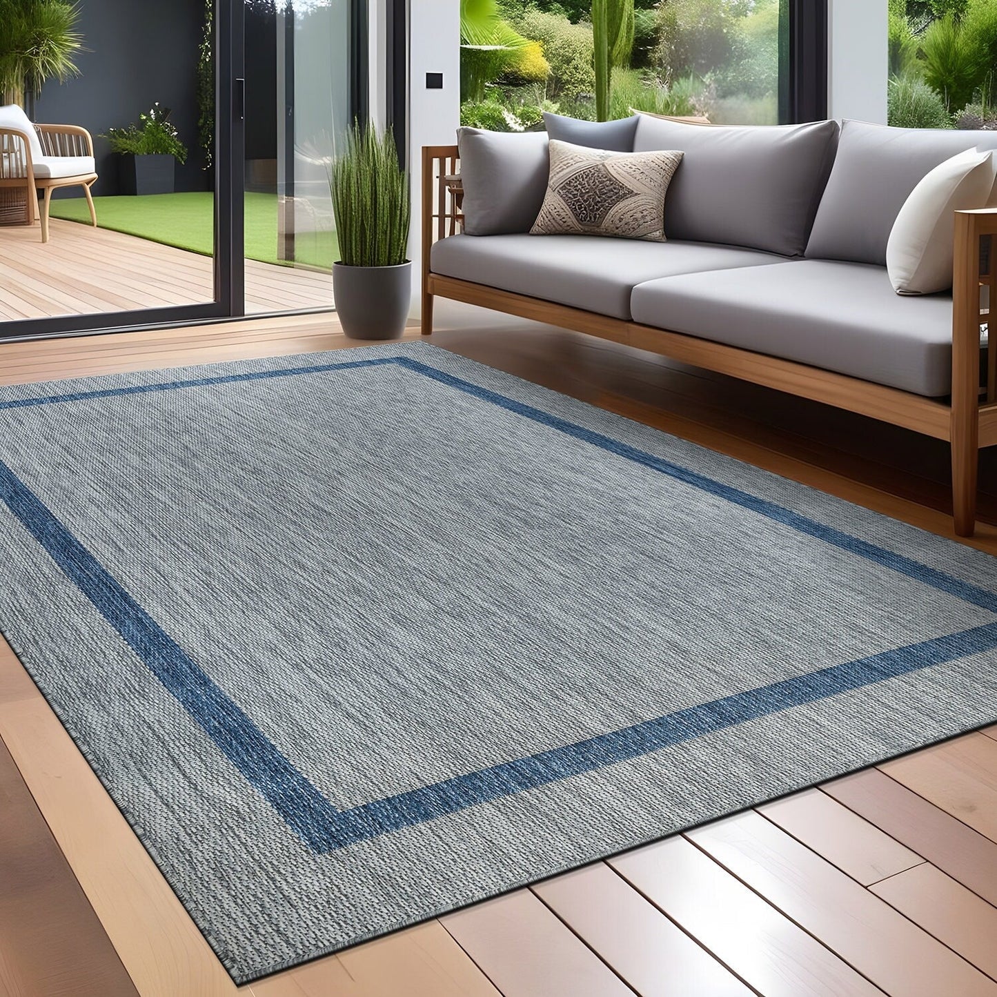 Tapis d'intérieur/extérieur moderne à bordures Beverly Rug, moquette d'extérieur pour patio, terrasse, porche