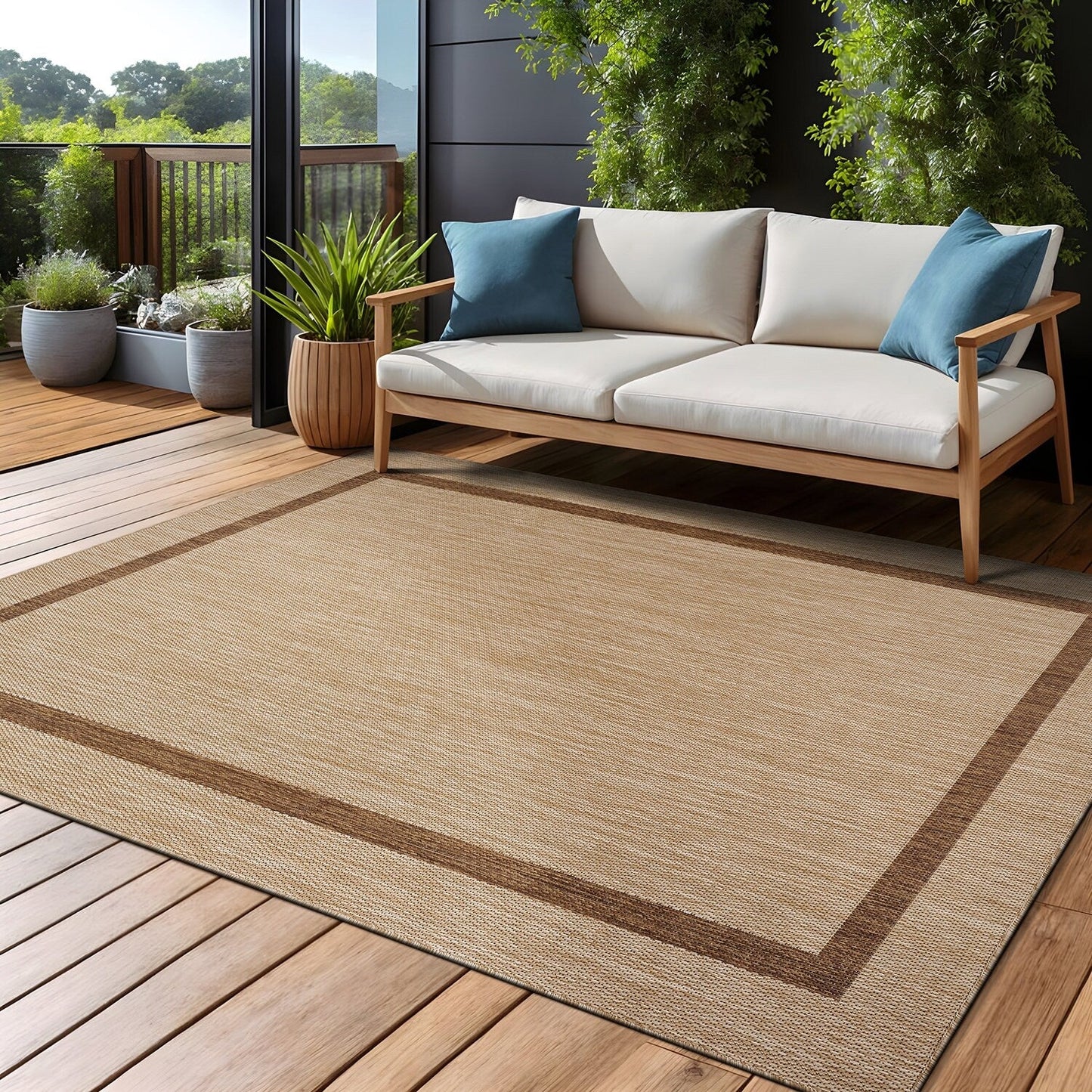 Tapis d'intérieur/extérieur moderne à bordures Beverly Rug, moquette d'extérieur pour patio, terrasse, porche