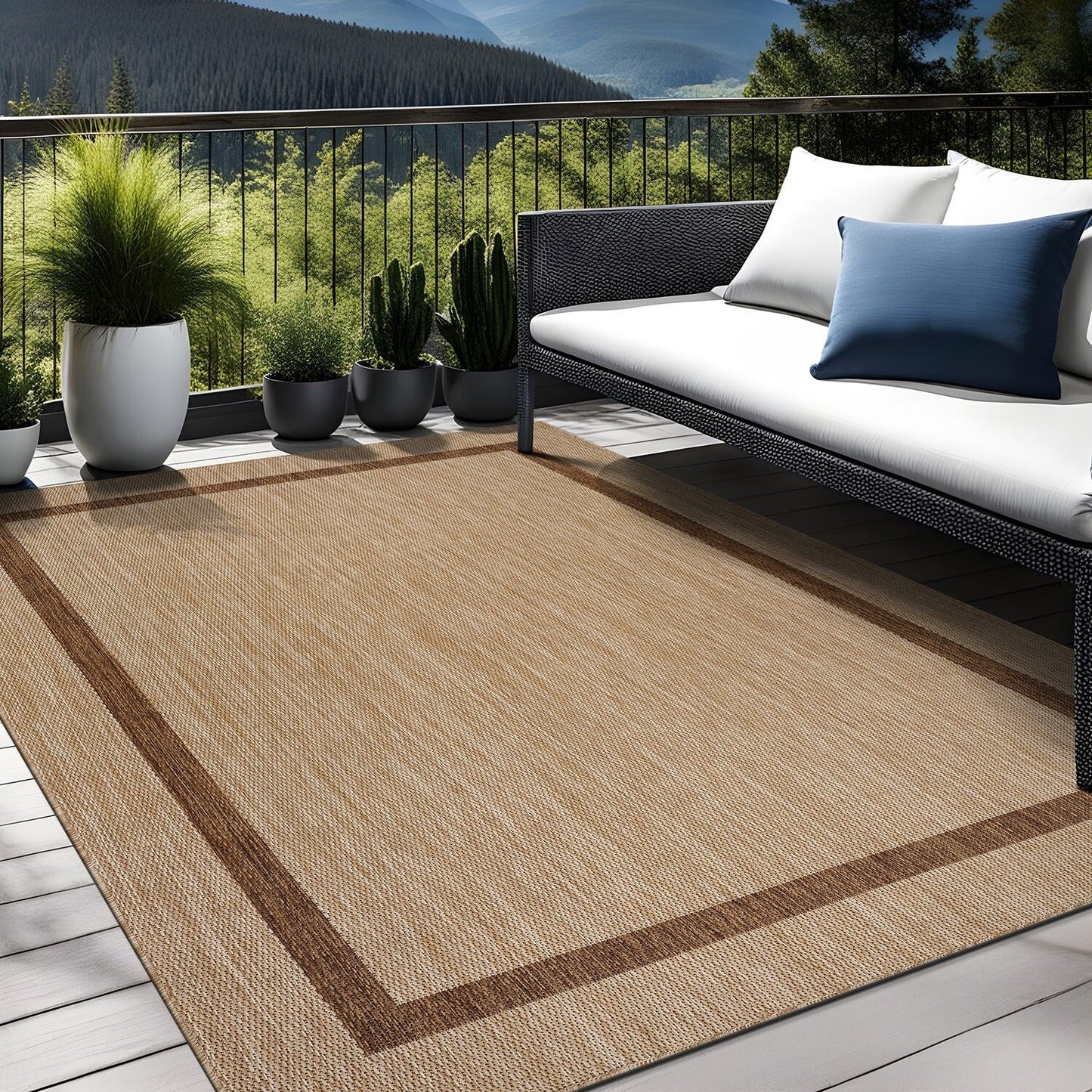 Tapis d'intérieur/extérieur moderne à bordures Beverly Rug, moquette d'extérieur pour patio, terrasse, porche