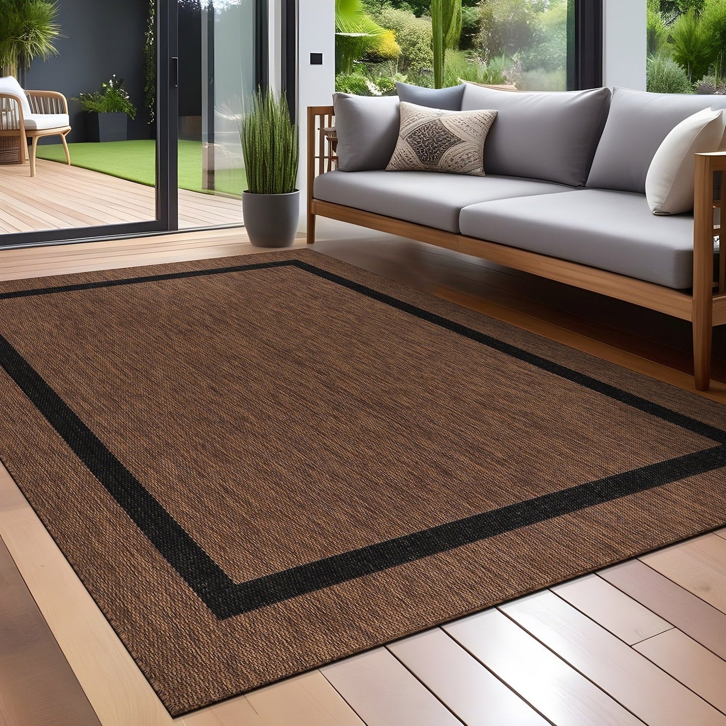 Tapis d'intérieur/extérieur moderne à bordures Beverly Rug, moquette d'extérieur pour patio, terrasse, porche