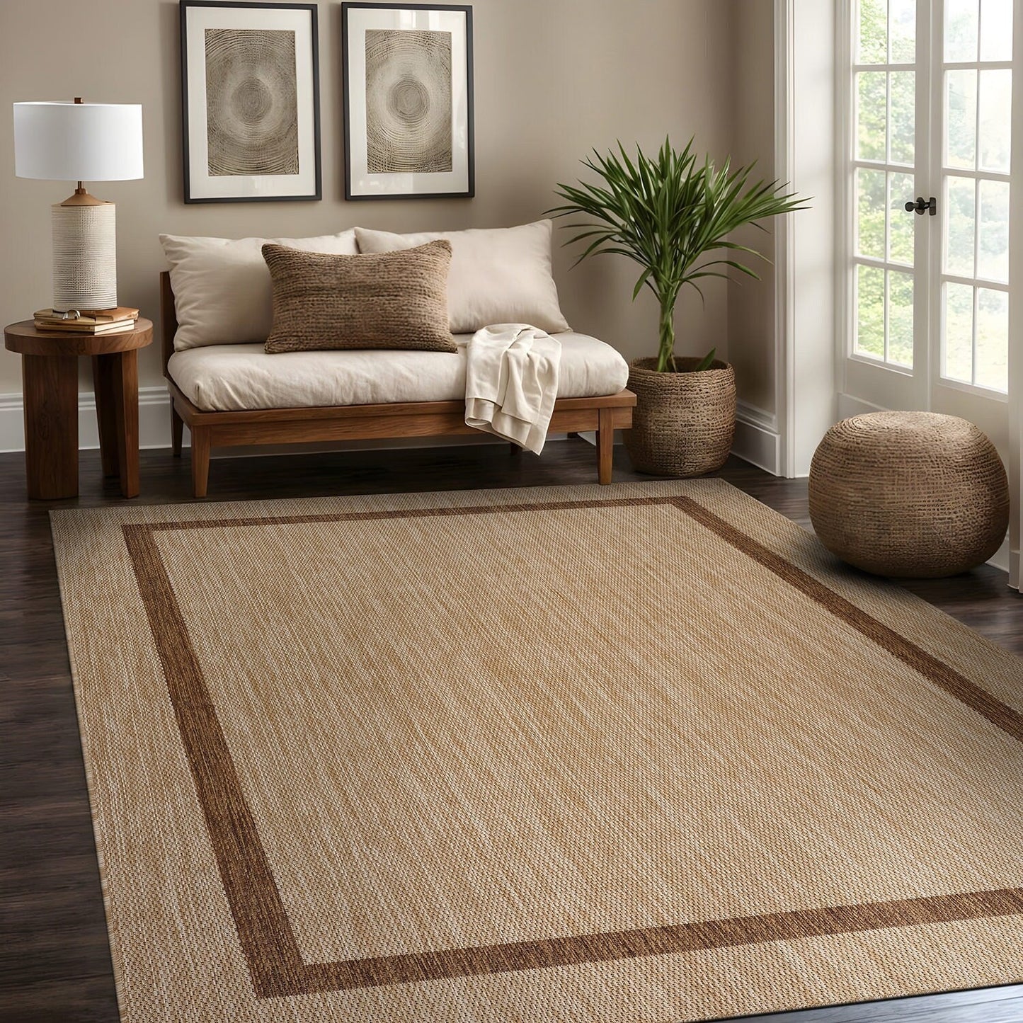 Tapis d'intérieur/extérieur moderne à bordures Beverly Rug, moquette d'extérieur pour patio, terrasse, porche
