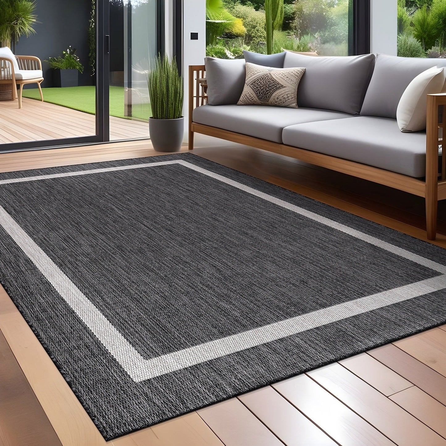 Tapis d'intérieur/extérieur moderne à bordures Beverly Rug, moquette d'extérieur pour patio, terrasse, porche