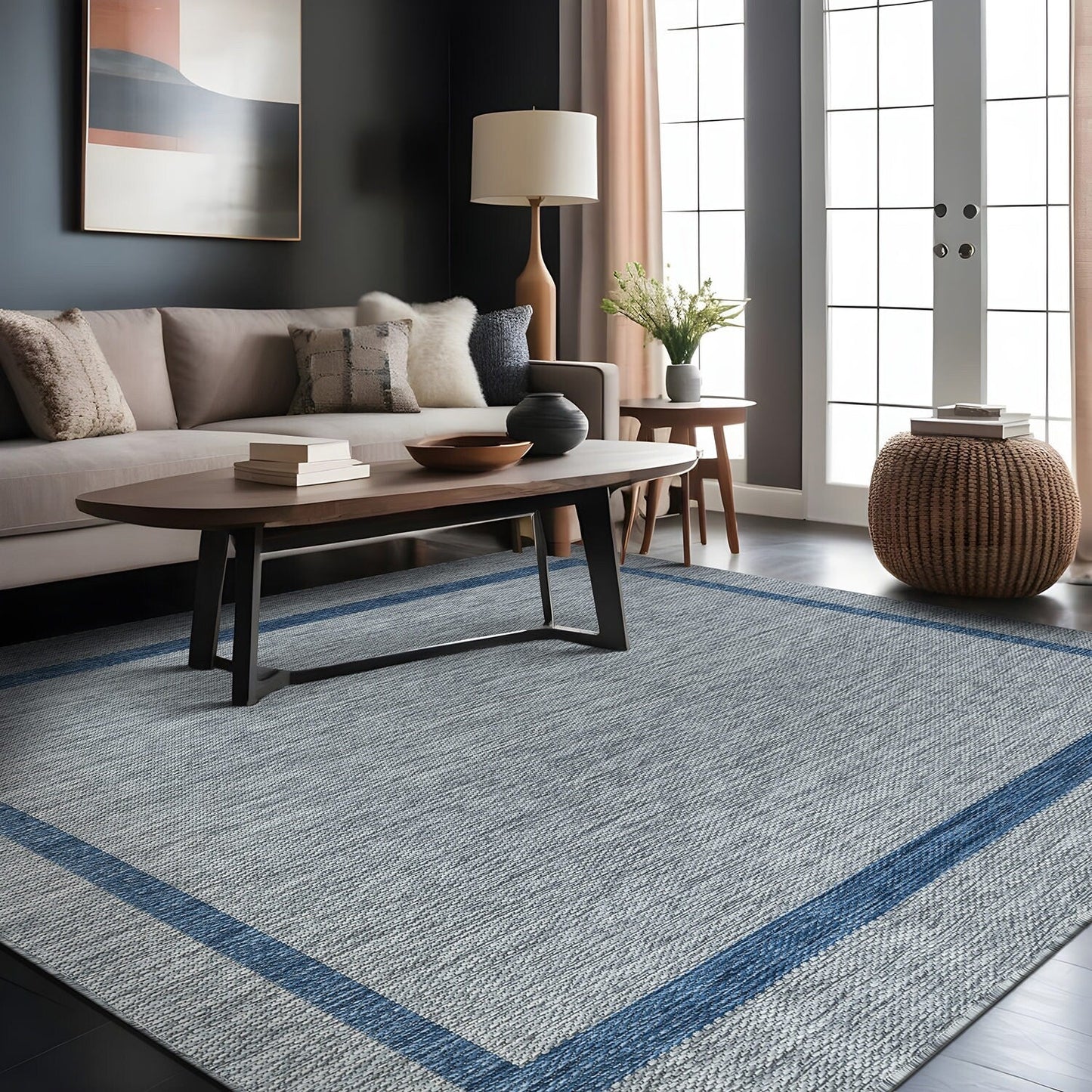 Tapis d'intérieur/extérieur moderne à bordures Beverly Rug, moquette d'extérieur pour patio, terrasse, porche