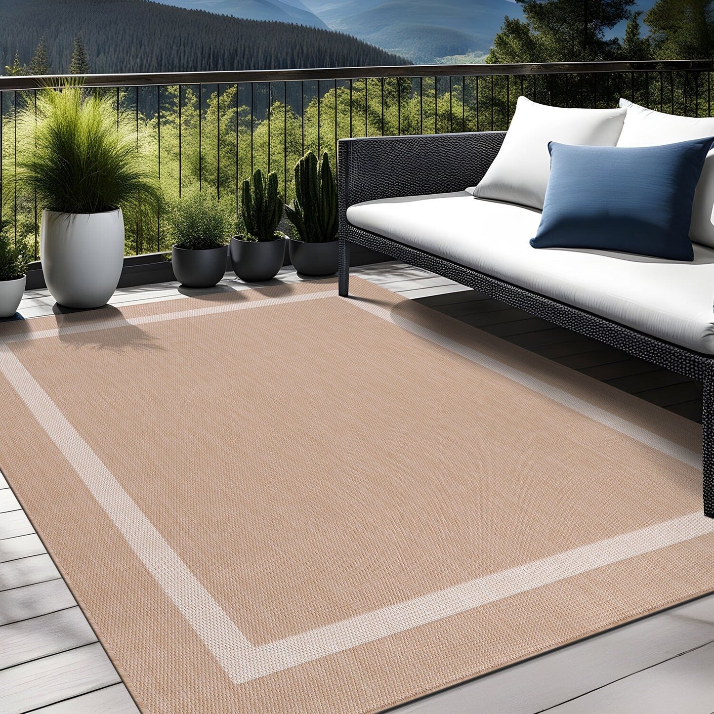 Tapis d'intérieur/extérieur moderne à bordures Beverly Rug, moquette d'extérieur pour patio, terrasse, porche