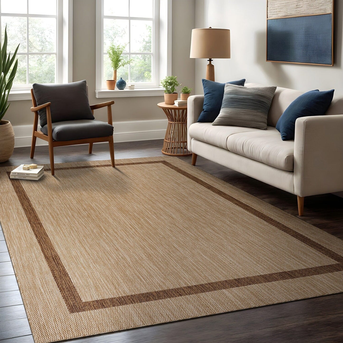 Tapis d'intérieur/extérieur moderne à bordures Beverly Rug, moquette d'extérieur pour patio, terrasse, porche