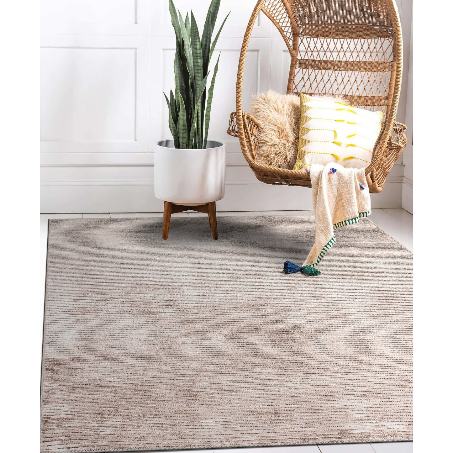 Tapis contemporain à rayures vieillies lavable en machine