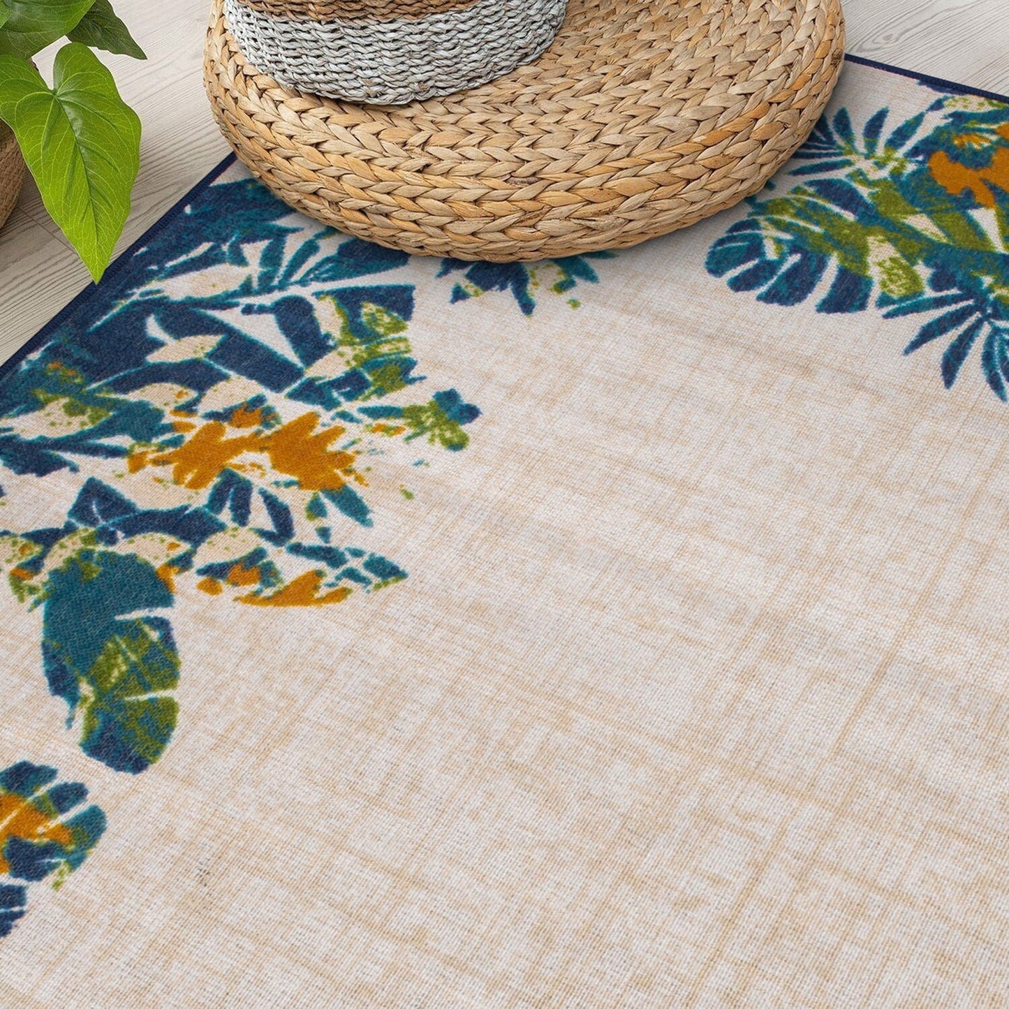 Tapis d'intérieur/extérieur à bordure florale contemporaine