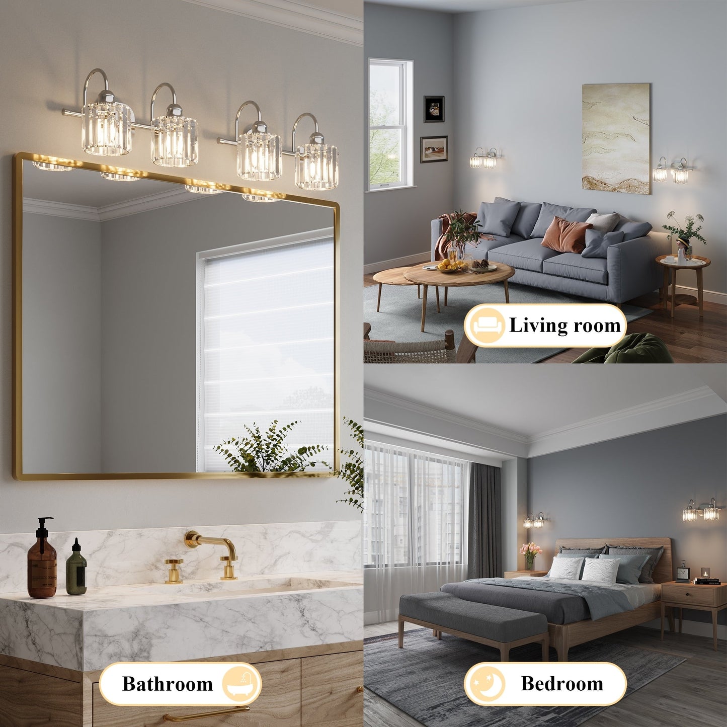 Appliques murales modernes ExBrite en cristal doré rose à 1, 2, 3, 4 ou 5 lumières pour salle de bain, à intensité variable