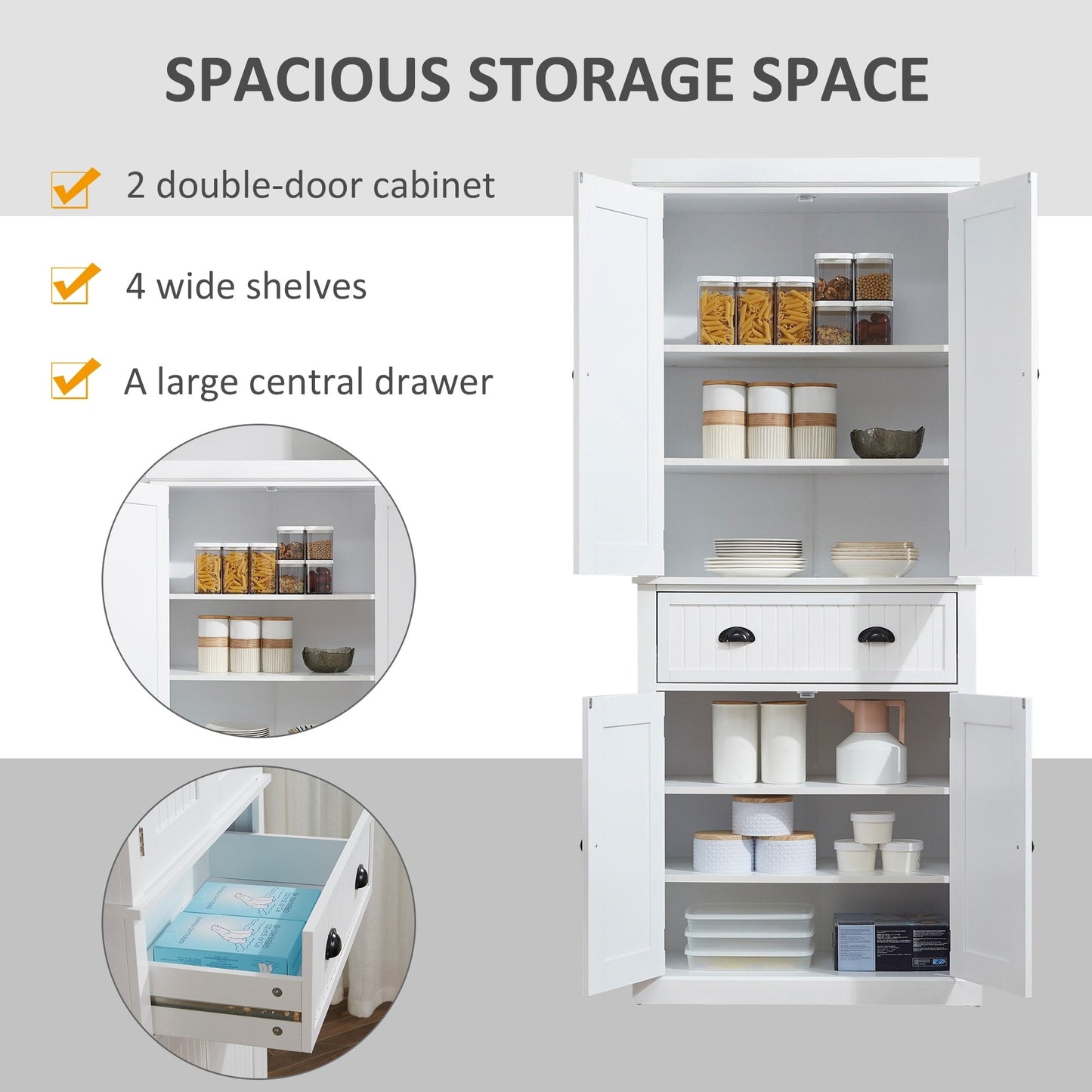 HOMCOM 72 Armoire de cuisine indépendante traditionnelle avec portes et 3 étagères réglables, blanc