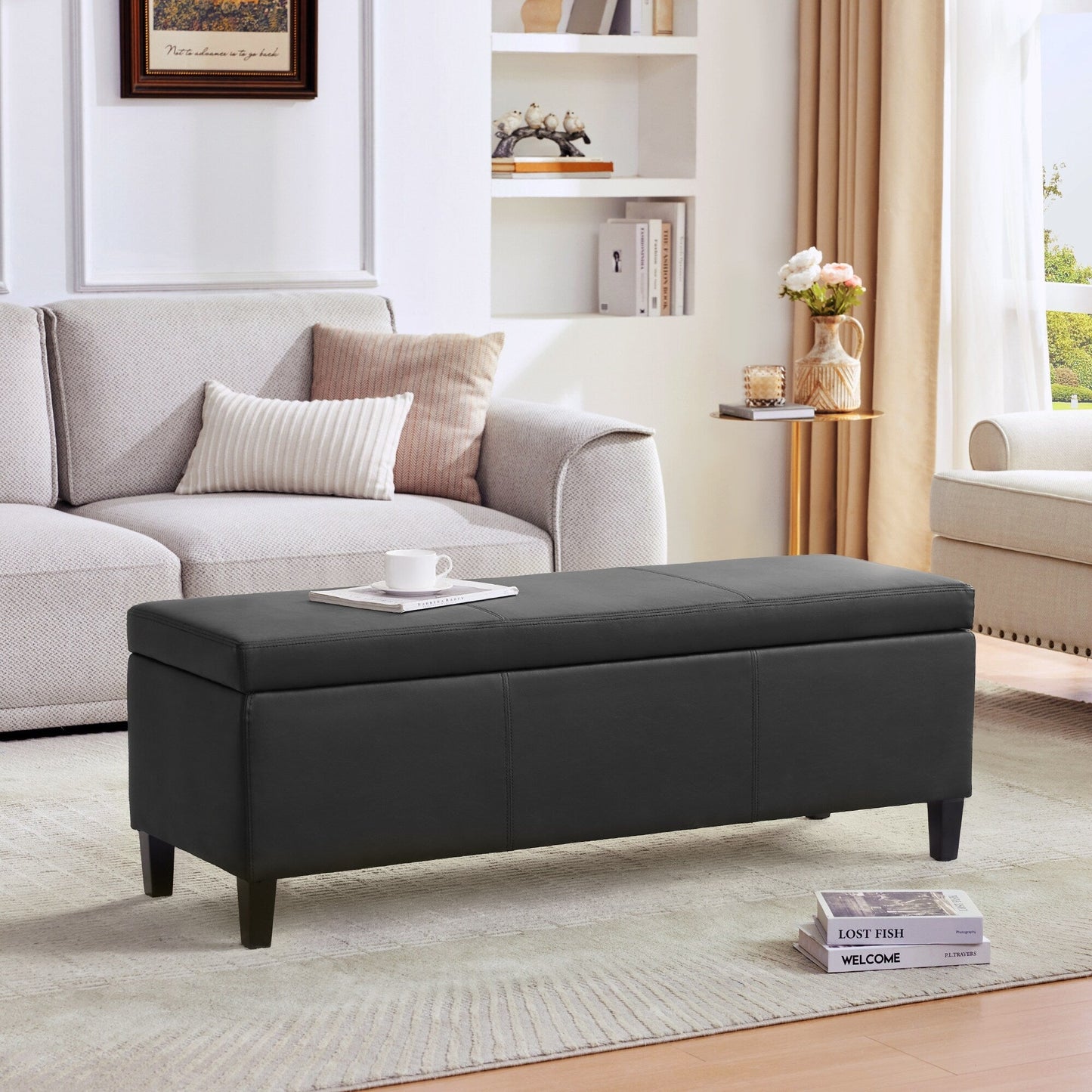 Pouf de rangement rectangulaire rembourré 50,3 x 17,50 x 18 po - Similicuir