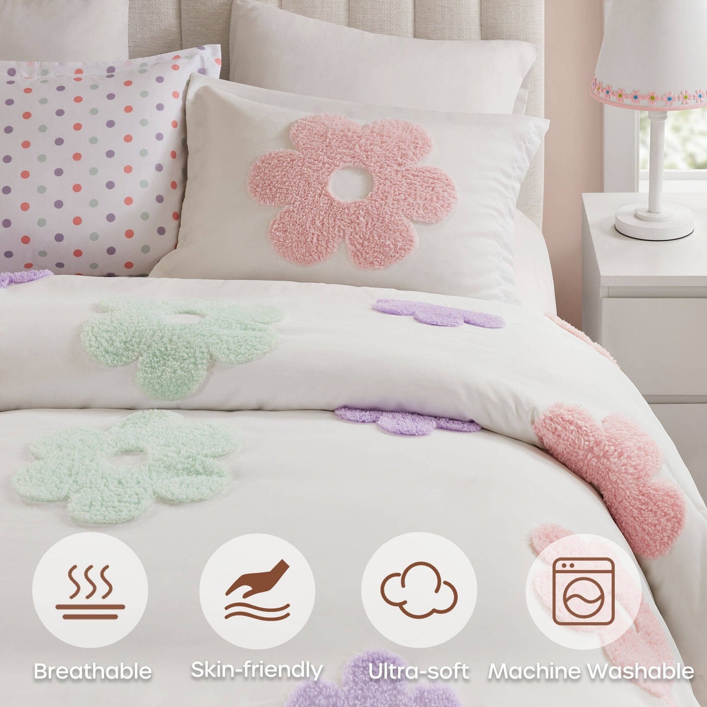 Parure de lit réversible en chenille touffetée à motif floral Madeline pour enfants de conception intelligente