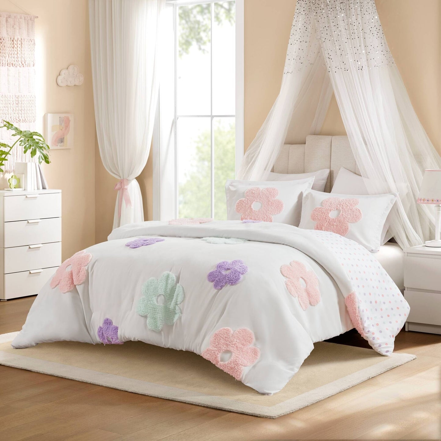 Parure de lit réversible en chenille touffetée à motif floral Madeline pour enfants de conception intelligente