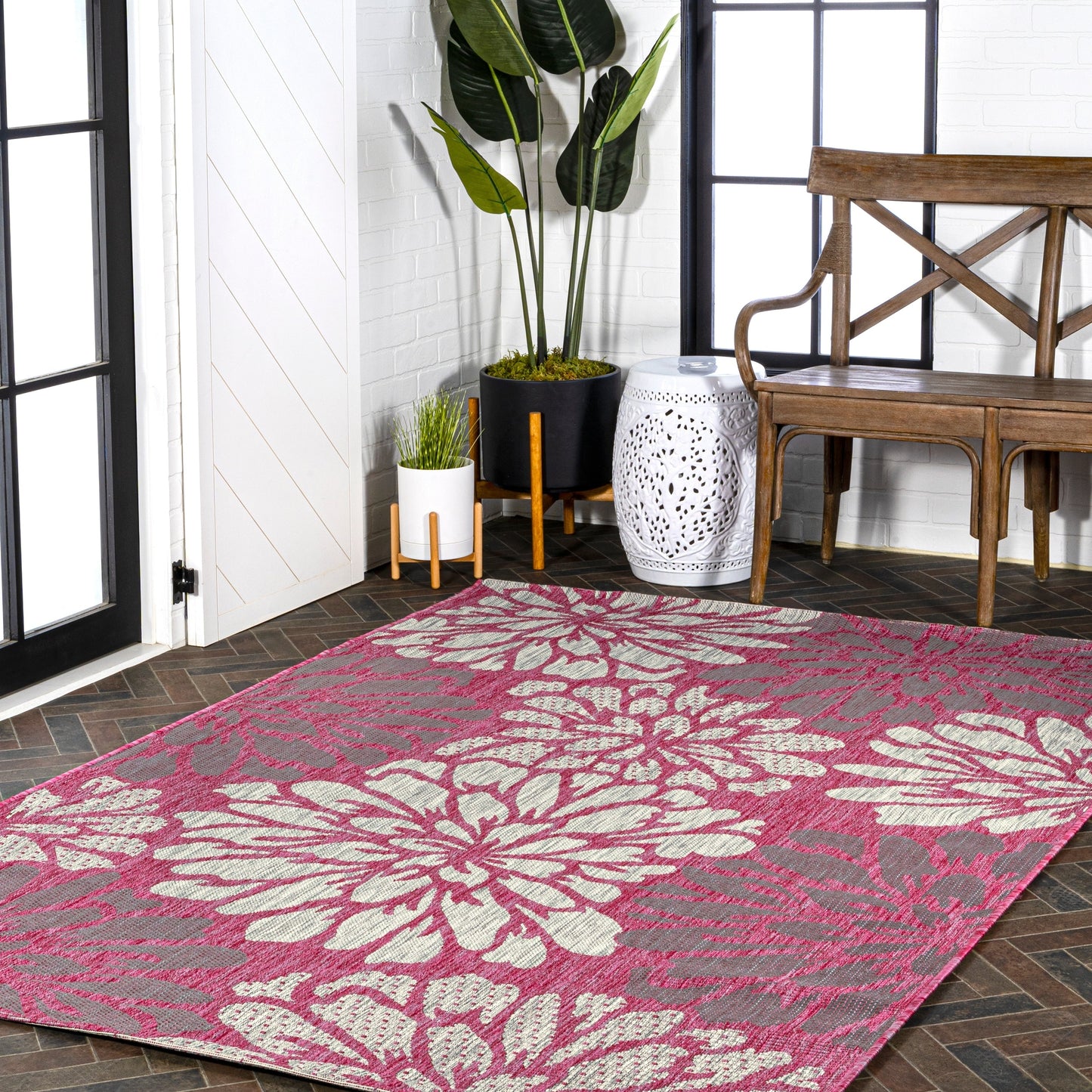 Tapis d'intérieur/extérieur à tissage texturé floral JONATHAN Y