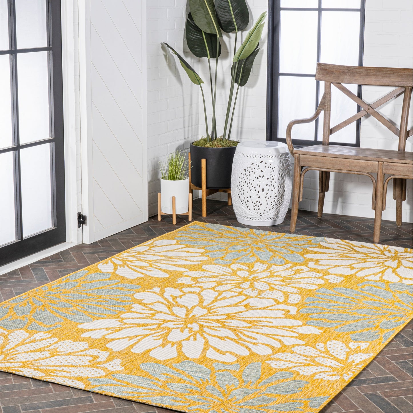 Tapis d'intérieur/extérieur à tissage texturé floral JONATHAN Y