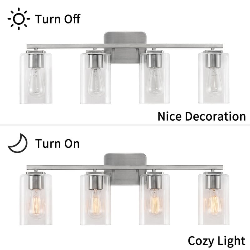 KAWOTI Lampe de salle de bain moderne à 4 lumières de 29 pouces avec abat-jour en verre transparent