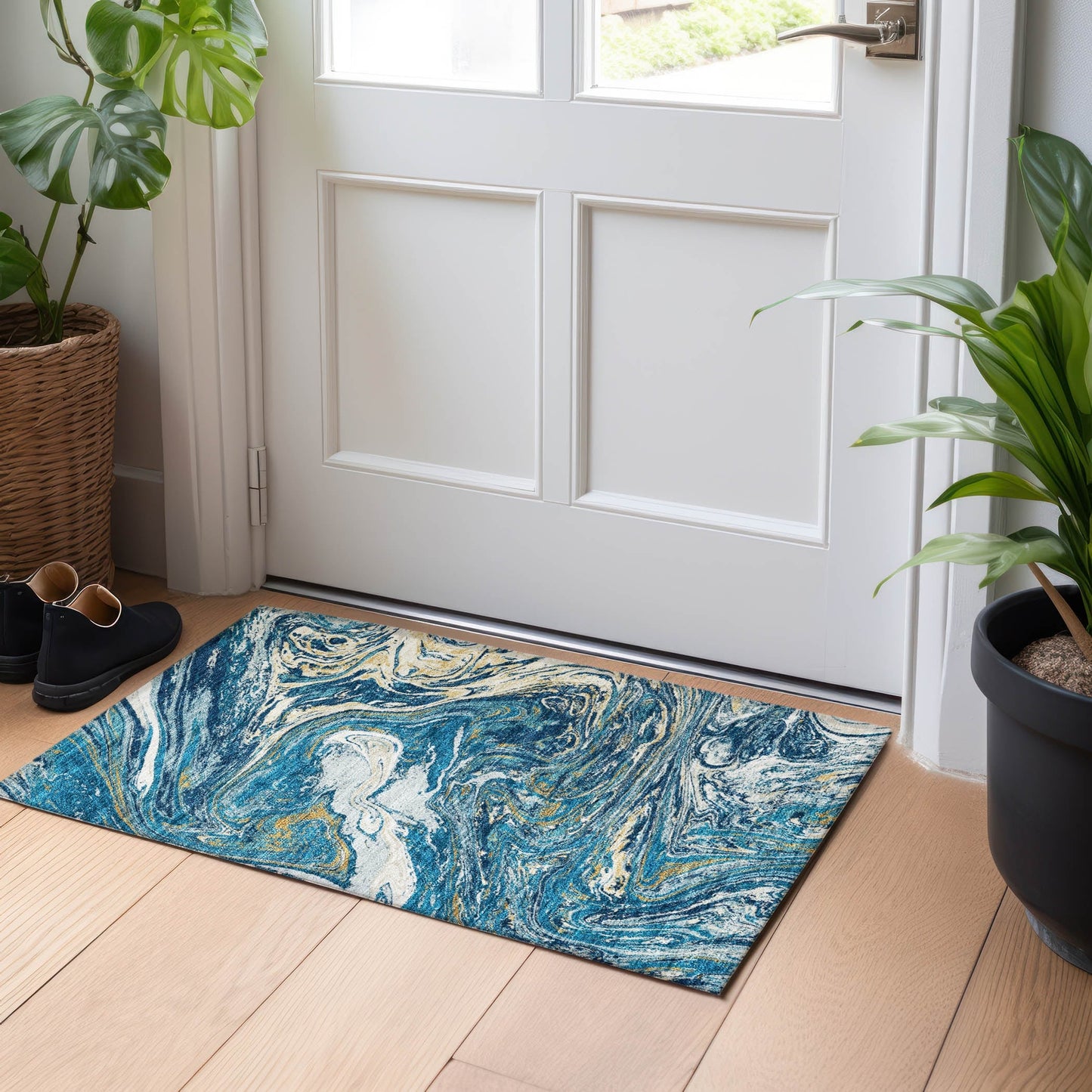 Tapis Chantille abstrait à motifs de coups de pinceau, lavable en machine, pour intérieur et extérieur