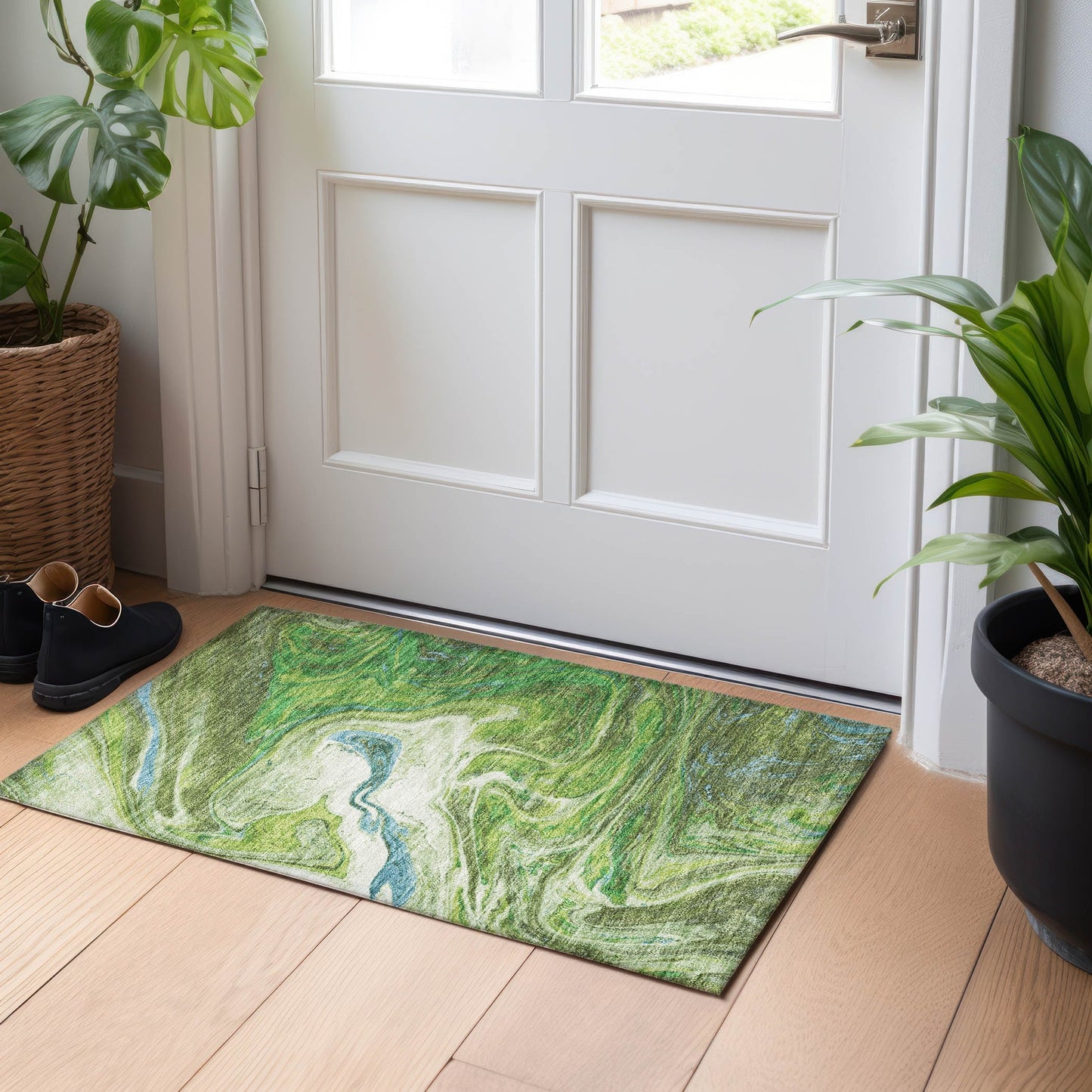 Tapis Chantille abstrait à motifs de coups de pinceau, lavable en machine, pour intérieur et extérieur