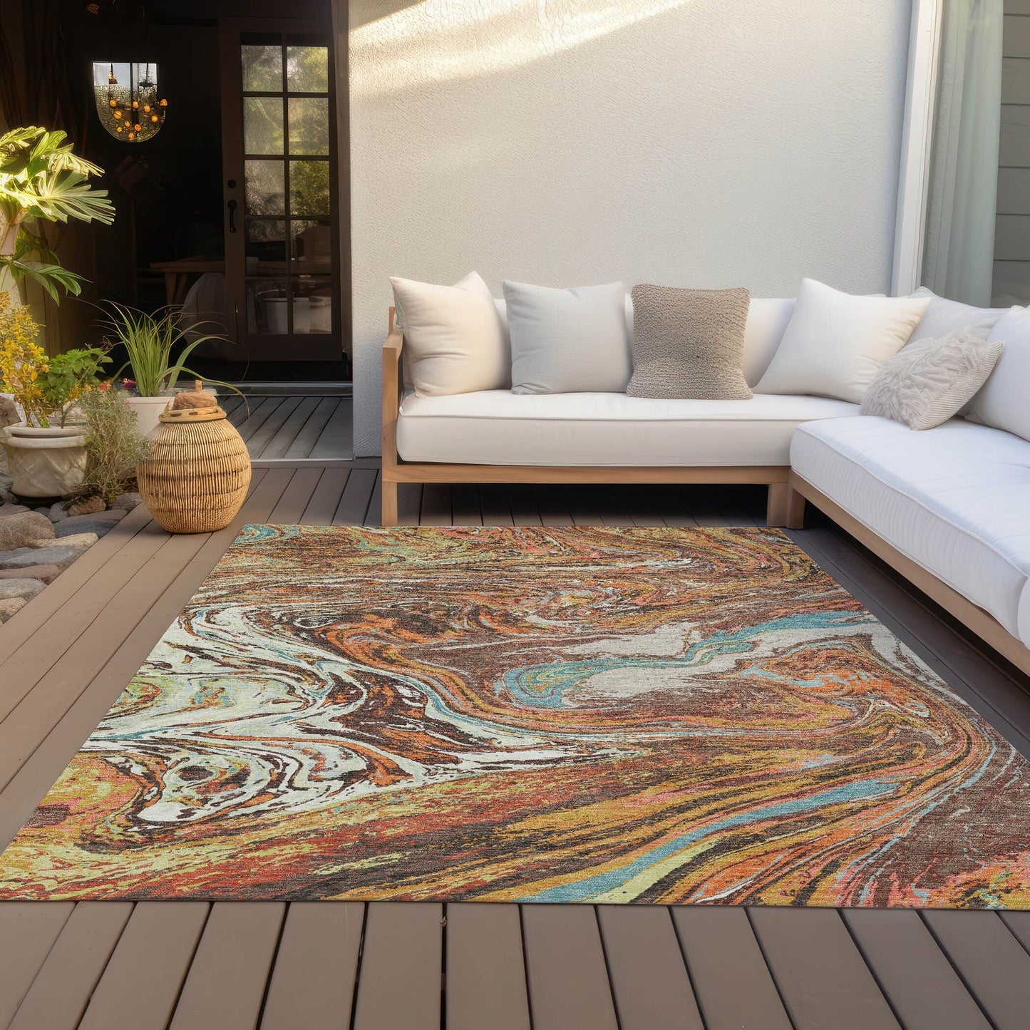 Tapis Chantille abstrait à motifs de coups de pinceau, lavable en machine, pour intérieur et extérieur